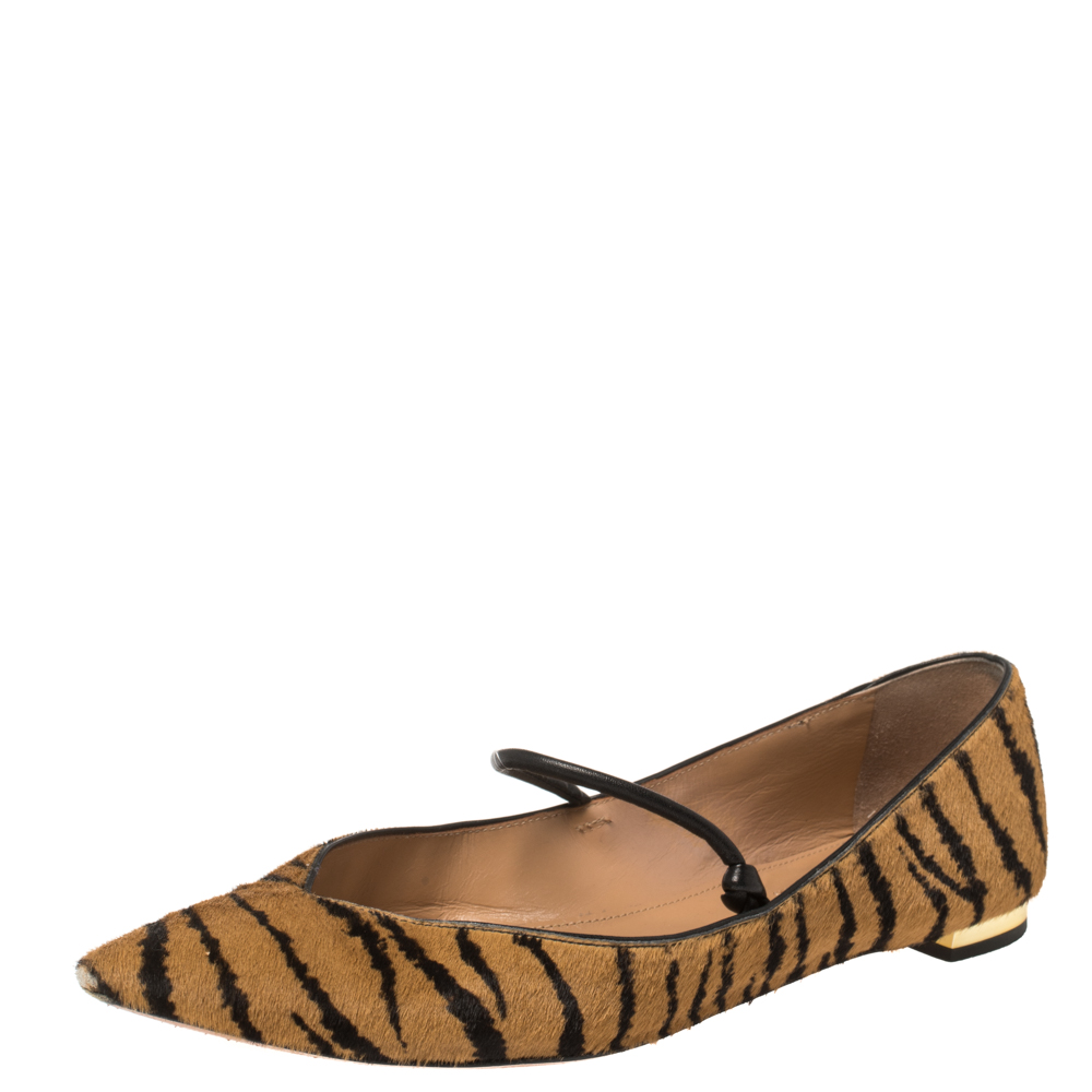 Aquazzura Tan Tiger Print Calfhair Mary Jane Pointed Toe Flats Size 37.5
