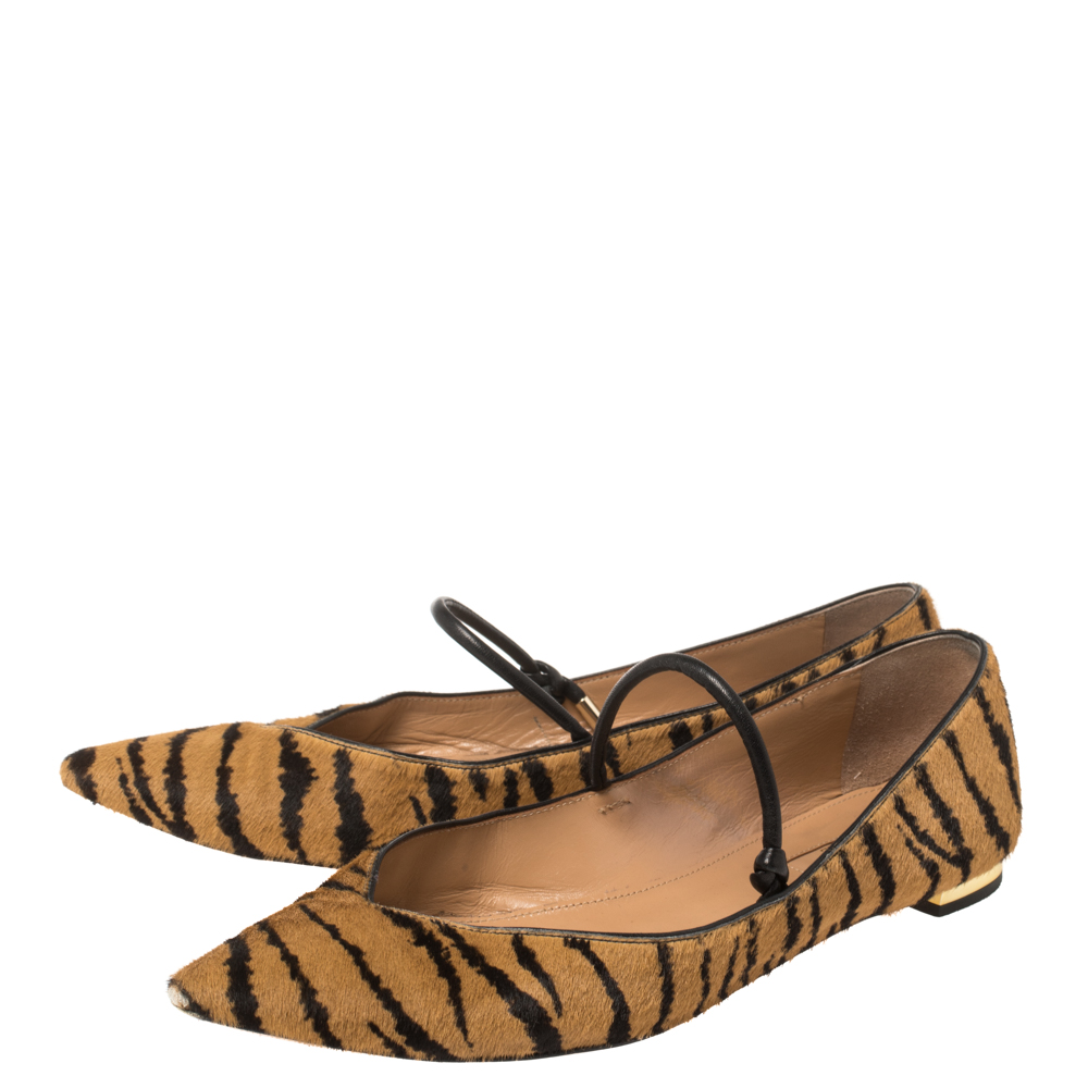 Aquazzura Tan Tiger Print Calfhair Mary Jane Pointed Toe Flats Size 37.5