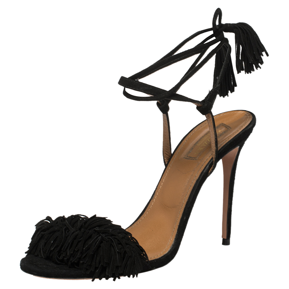 Image of Aquazzura Black Fringed Suede Wild Thing Ankle Wrap Sandals Size