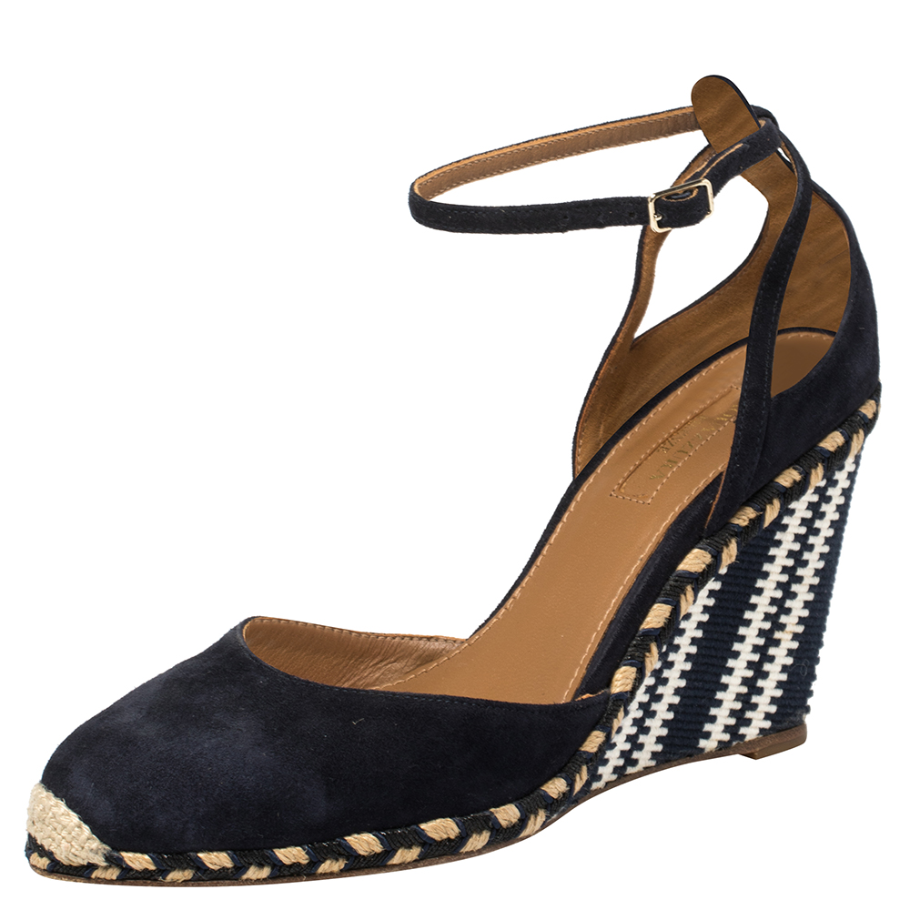 Image of Aquazzura Blue Suede and Fabric Wedge Espadrille Sandals Size