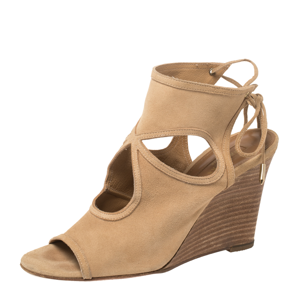 Image of Aquazzura Beige Suede Sexy Thing Cutout Wedge Sandals Size