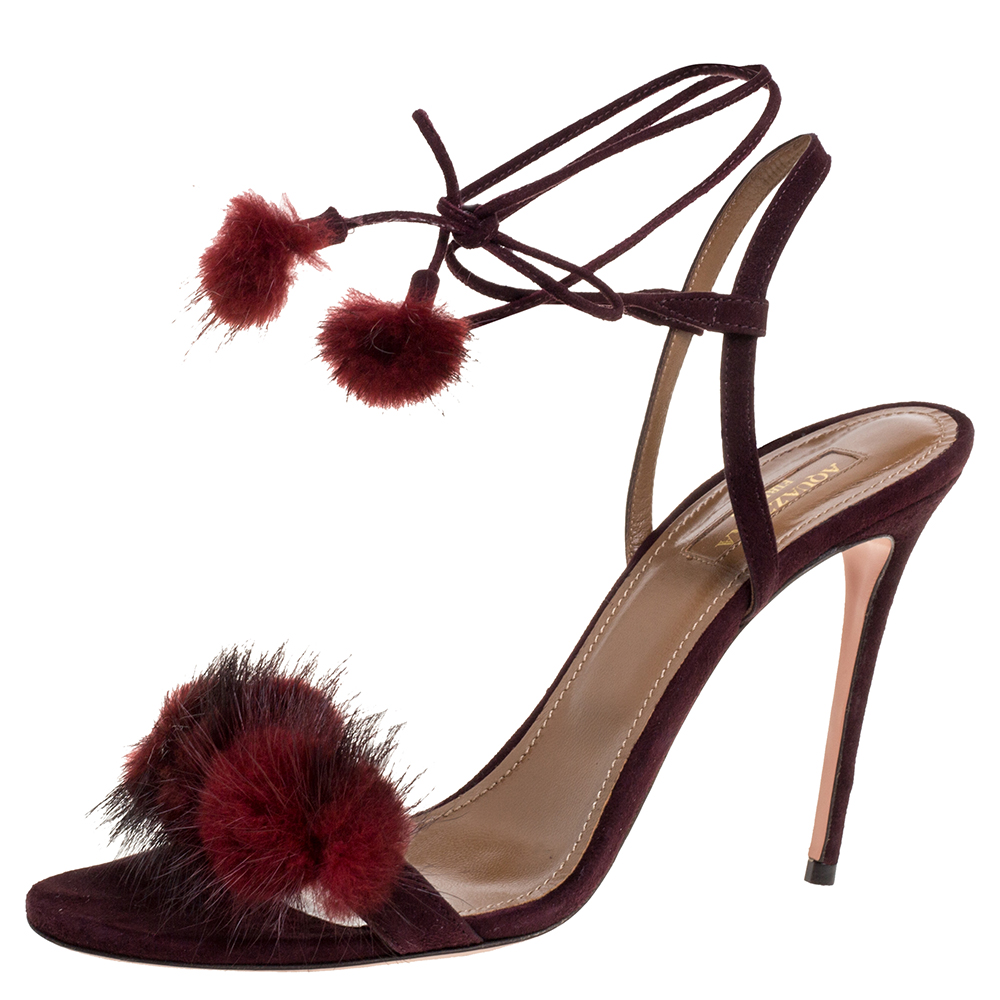 Image of Aquazzura Burgundy Fur And Suede Wild Russian Open Toe Ankle Wrap Sandals Size .