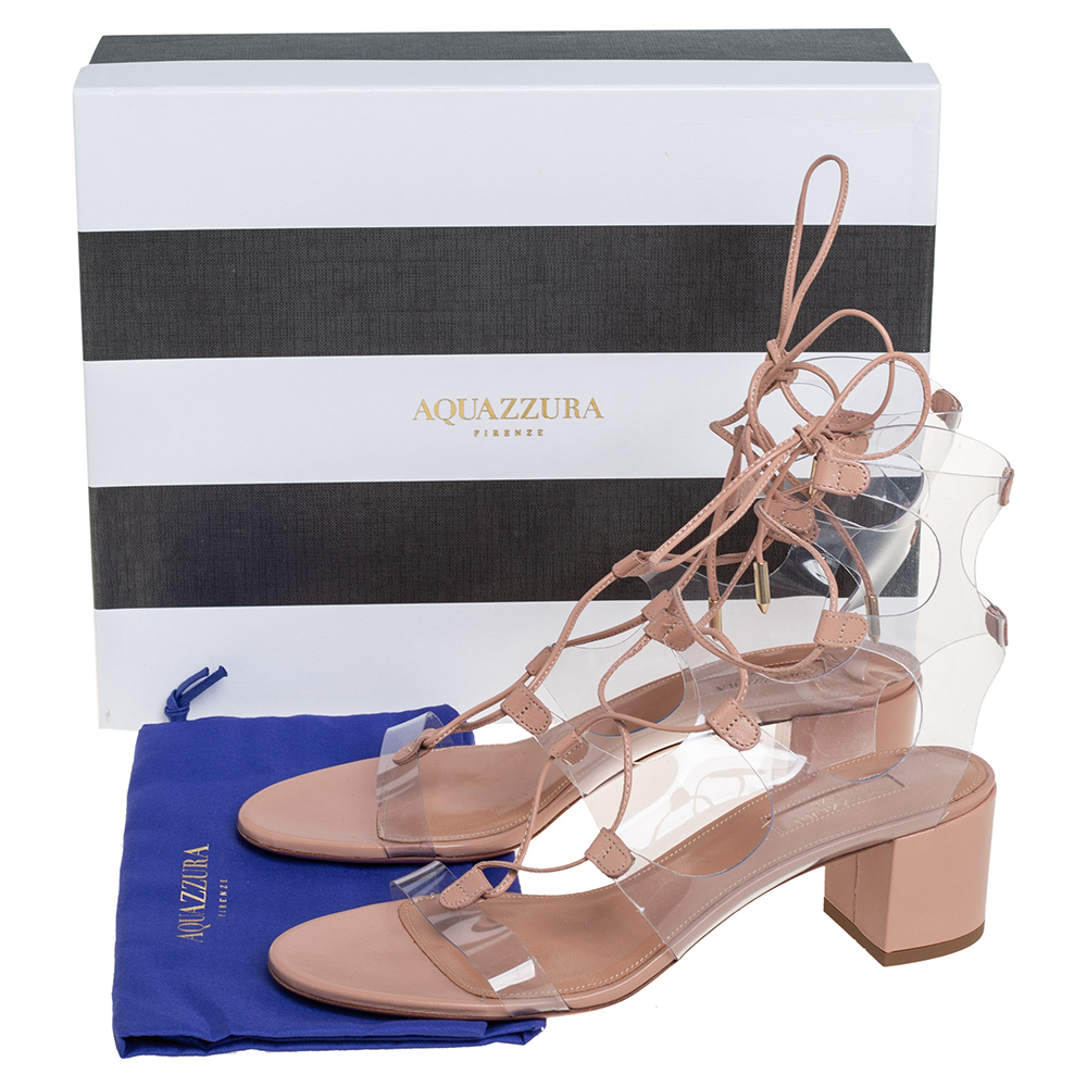 Aquazzura Beige Leather And PVC Lace Up Sandals Size 38