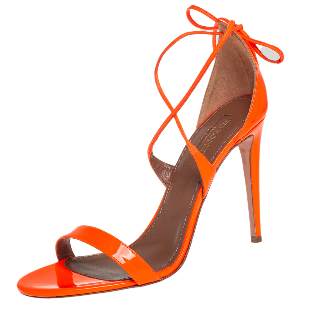Aquazzura Neon Orange Patent Leather Linda Ankle Wrap Sandals size 41