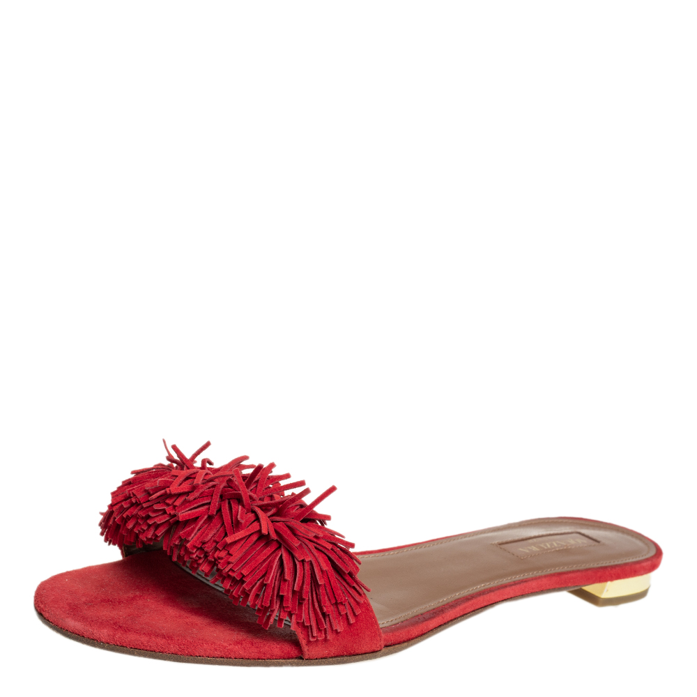 Aquazzura Red Suede Fringe Wild Thing Flat Sandals Size 39.5
