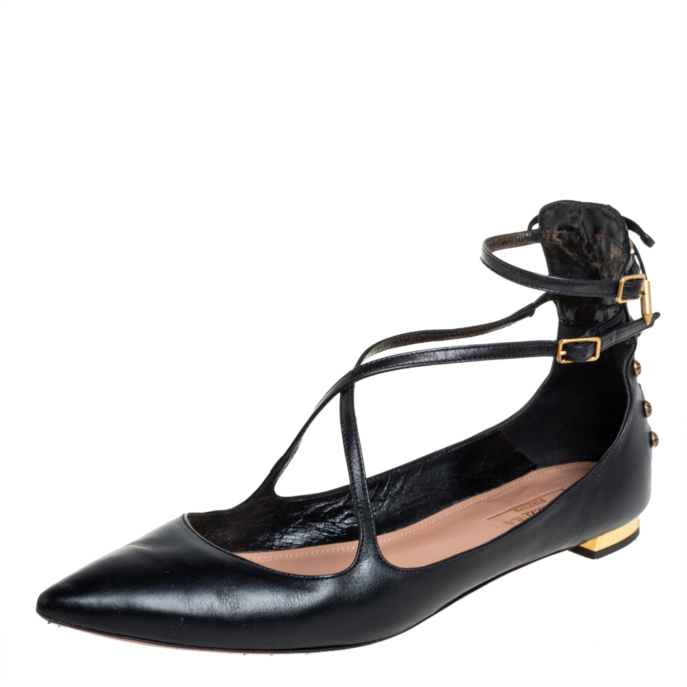 Aquazzura Black Leather Ankle Strap Ballet Flats Size 37.5