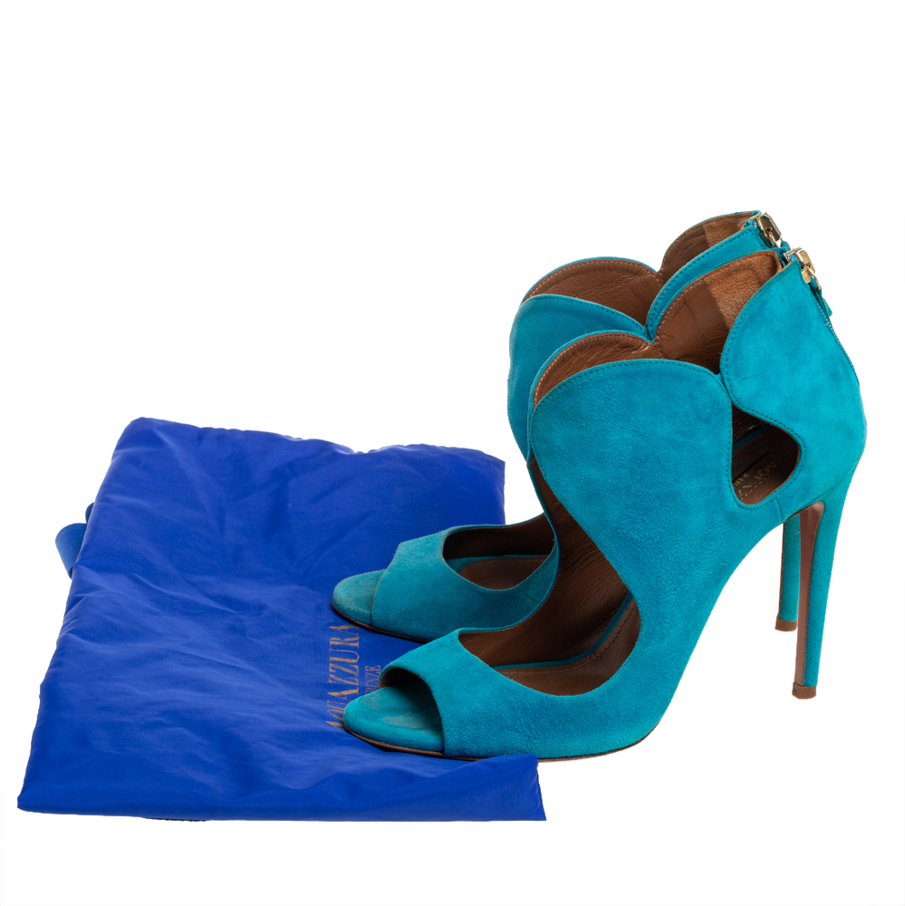 Aquazzura Blue Suede Cut Out Elle Peep Toe Sandals Size 36