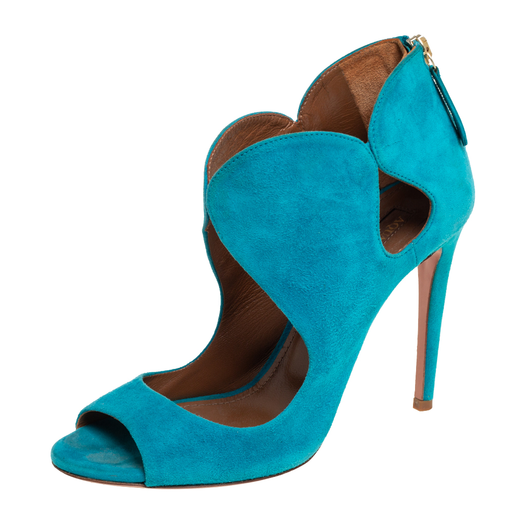 Aquazzura Blue Suede Cut Out Elle Peep Toe Sandals Size 36