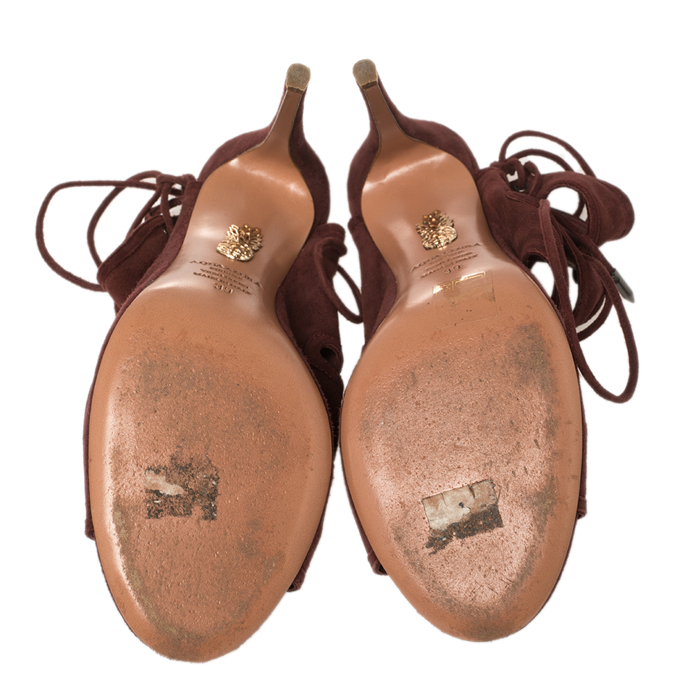 Aquazzura Maroon Suede Sloane Cutout Peep Toe Sandals Size 39