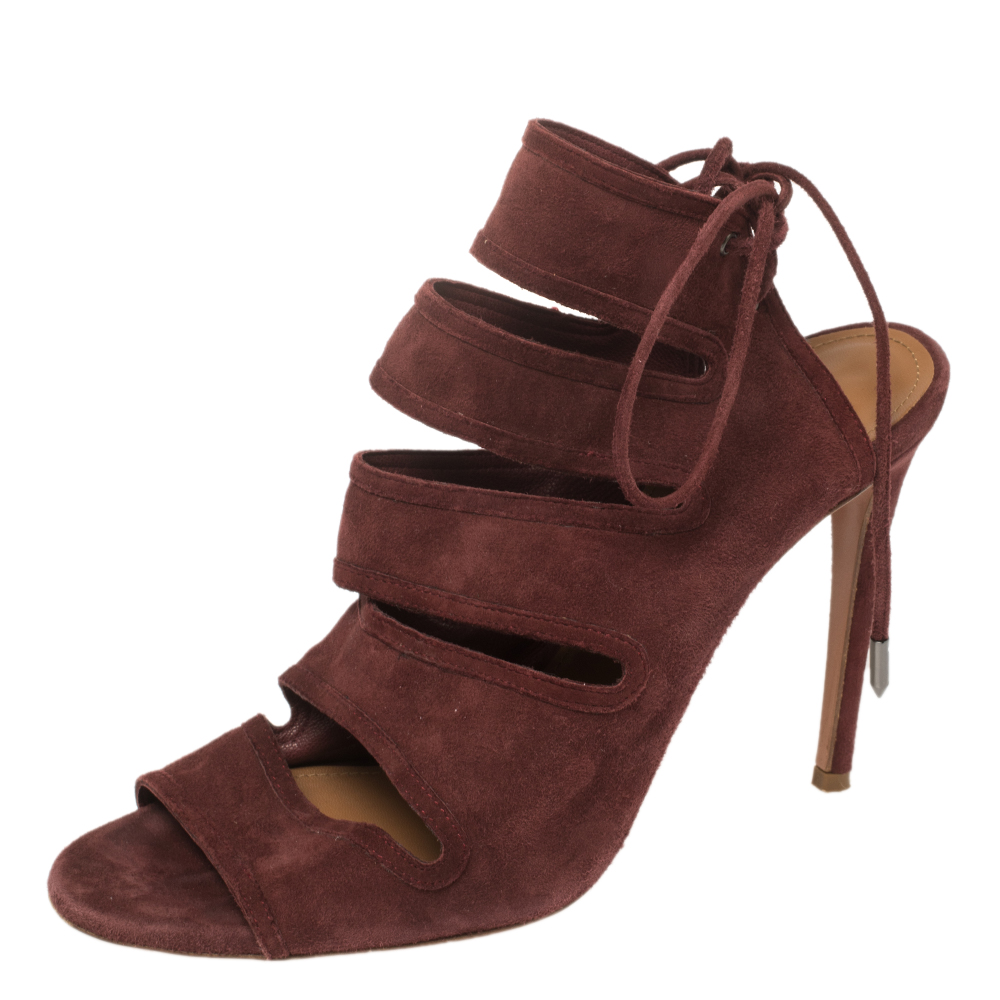 Aquazzura maroon suede sloane cutout peep toe sandals size 39