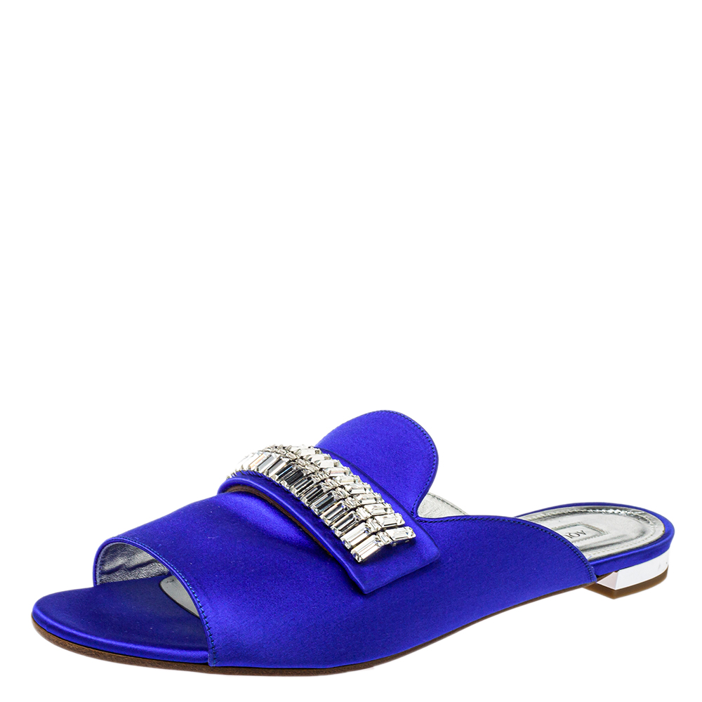 Aquazzura Blue Satin Embellished Flat Sandals Size 39.5