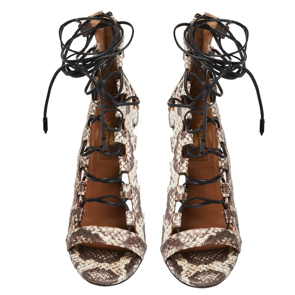 Aquazzura Brown/Beige Python Amazon Lace Up Open Toe Sandals Size 36