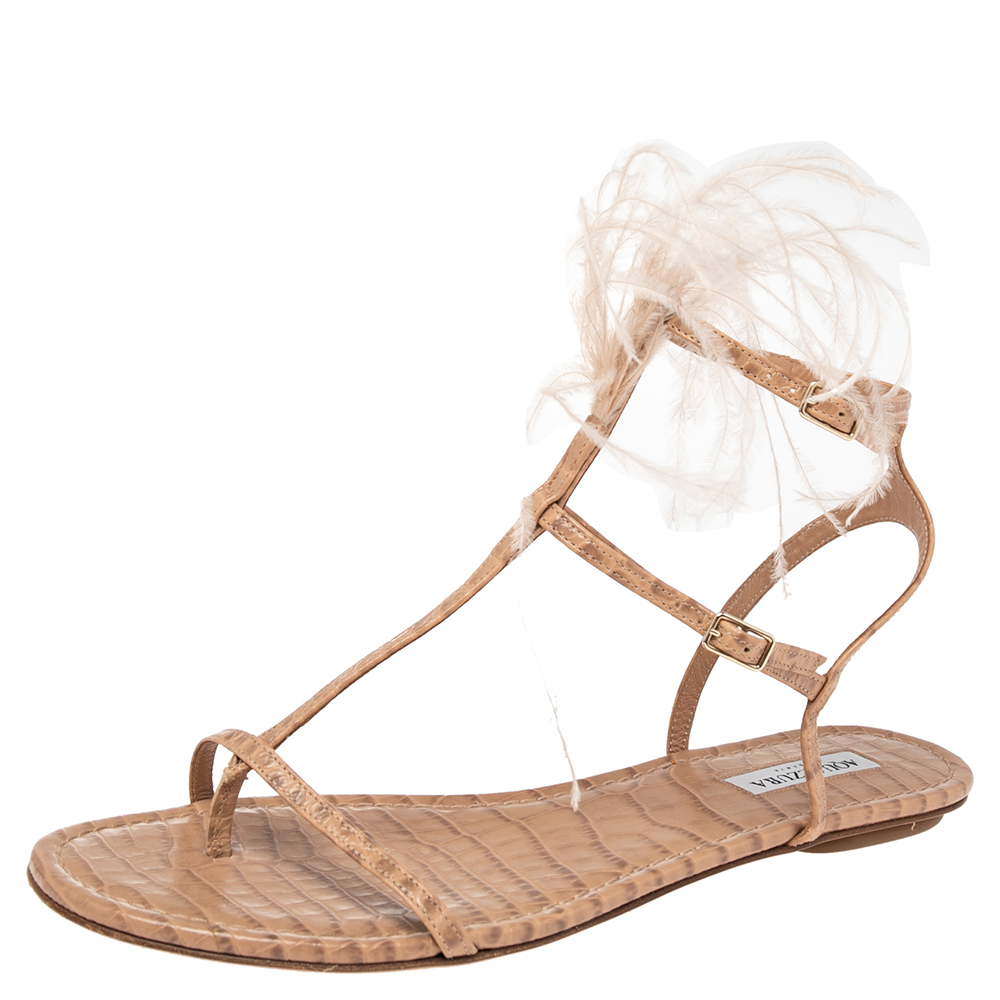 Aquazzura Beige Snake Embossed Leather Feather Trimmed T- Strap Sandals Size 39