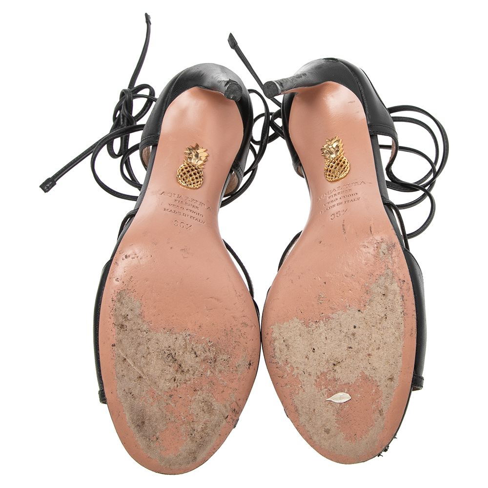 Aquazzura Black Leather Nathalie Ankle Wrap Sandals Size 36.5
