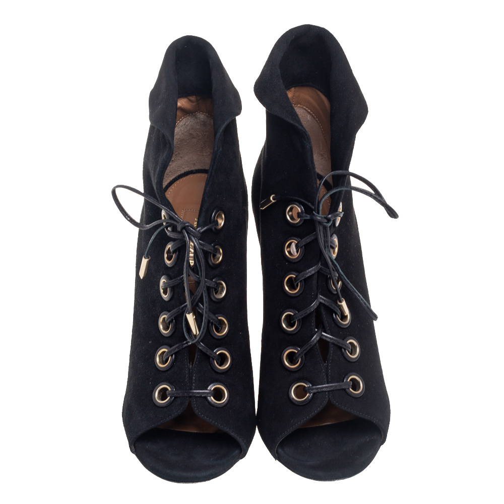 Aquazzura  Black Suede Lace Up Ankle Boots Size 37