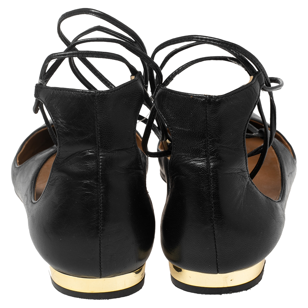 Aquazzura Black Leather Christy Ankle-Wrap Ballet Flats Size 36.5