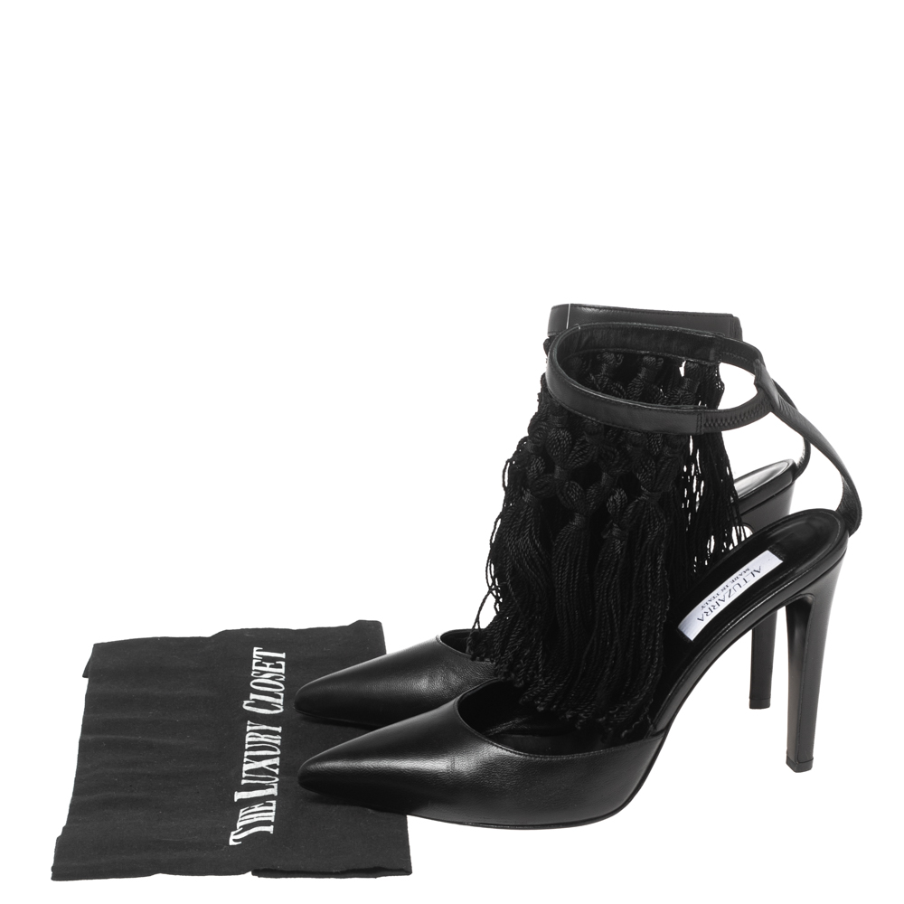 Aquazzura Black  Leather  Fringe Ankle Strap Sandals Size 38.5