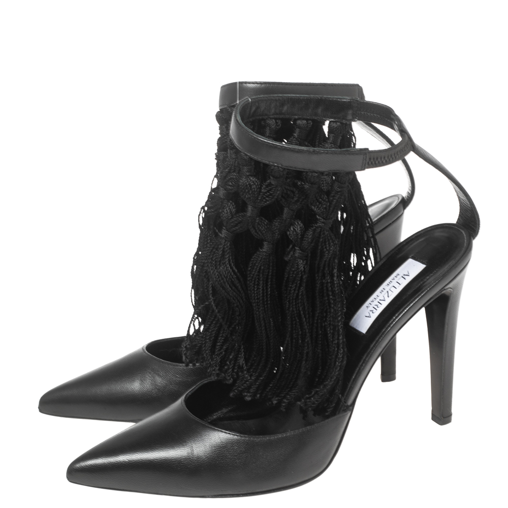 Aquazzura Black  Leather  Fringe Ankle Strap Sandals Size 38.5