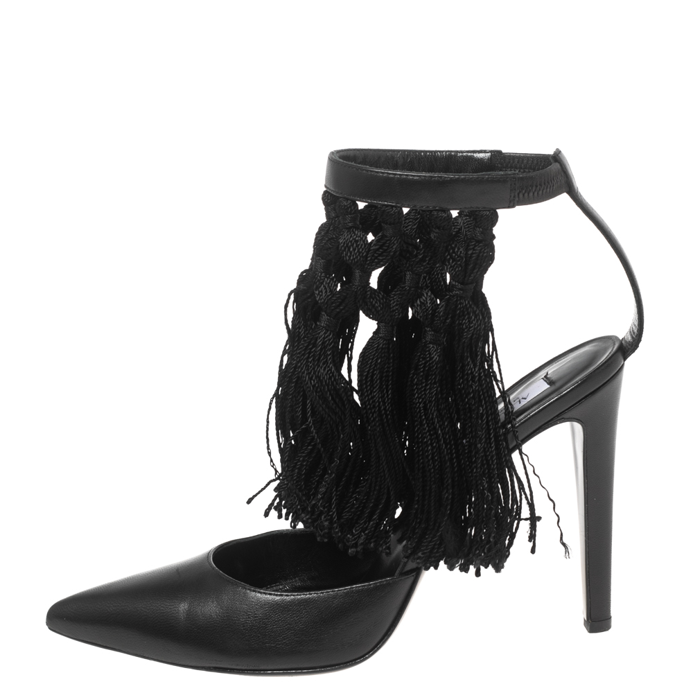 Aquazzura Black  Leather  Fringe Ankle Strap Sandals Size 38.5