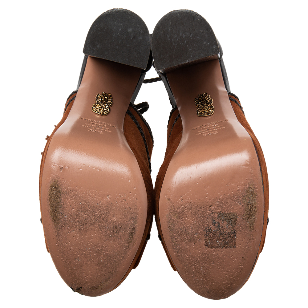 Aquazzura  Brown/Black Suede And Leather  Lace Up Platform Sandals Size 39.5