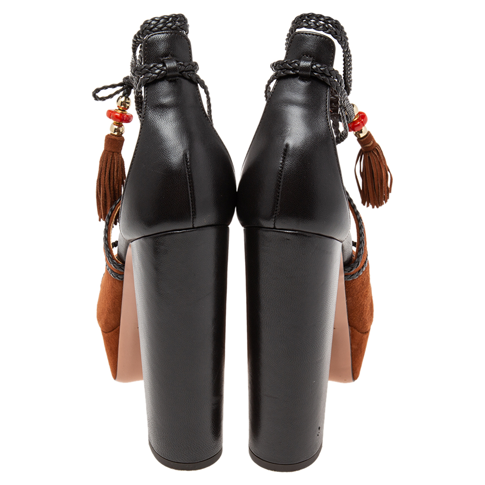 Aquazzura  Brown/Black Suede And Leather  Lace Up Platform Sandals Size 39.5