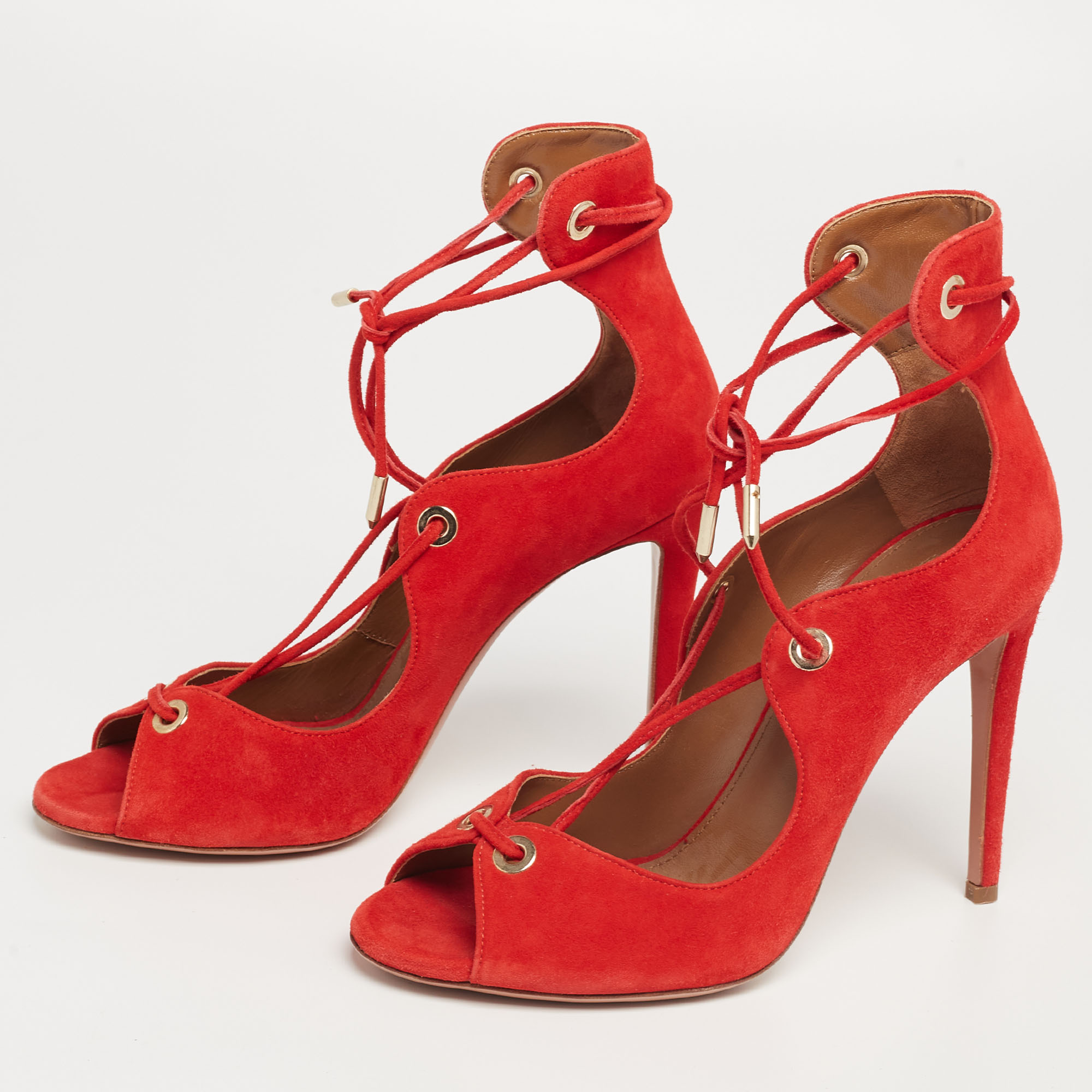 Aquazzura Red Suede Tango Curvy Lace-Up Sandals Size 37