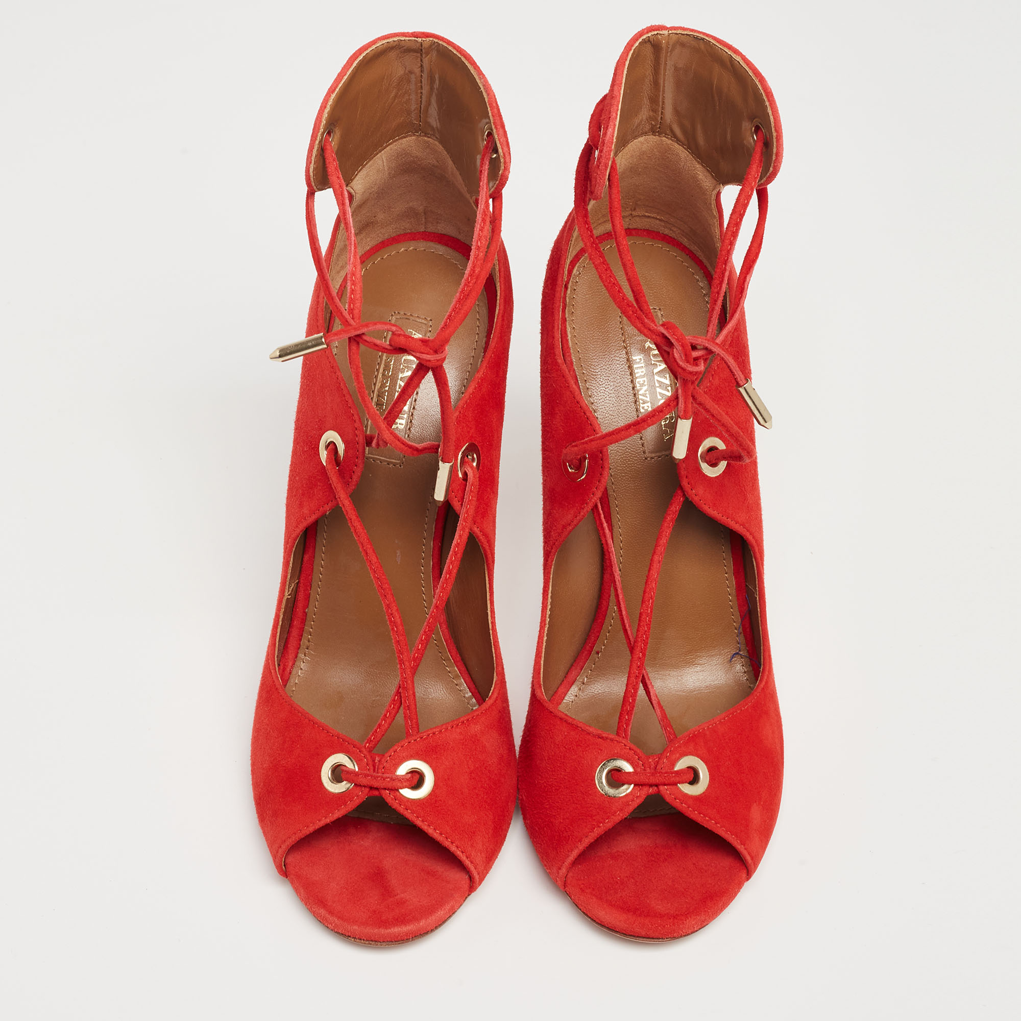 Aquazzura Red Suede Tango Curvy Lace-Up Sandals Size 37