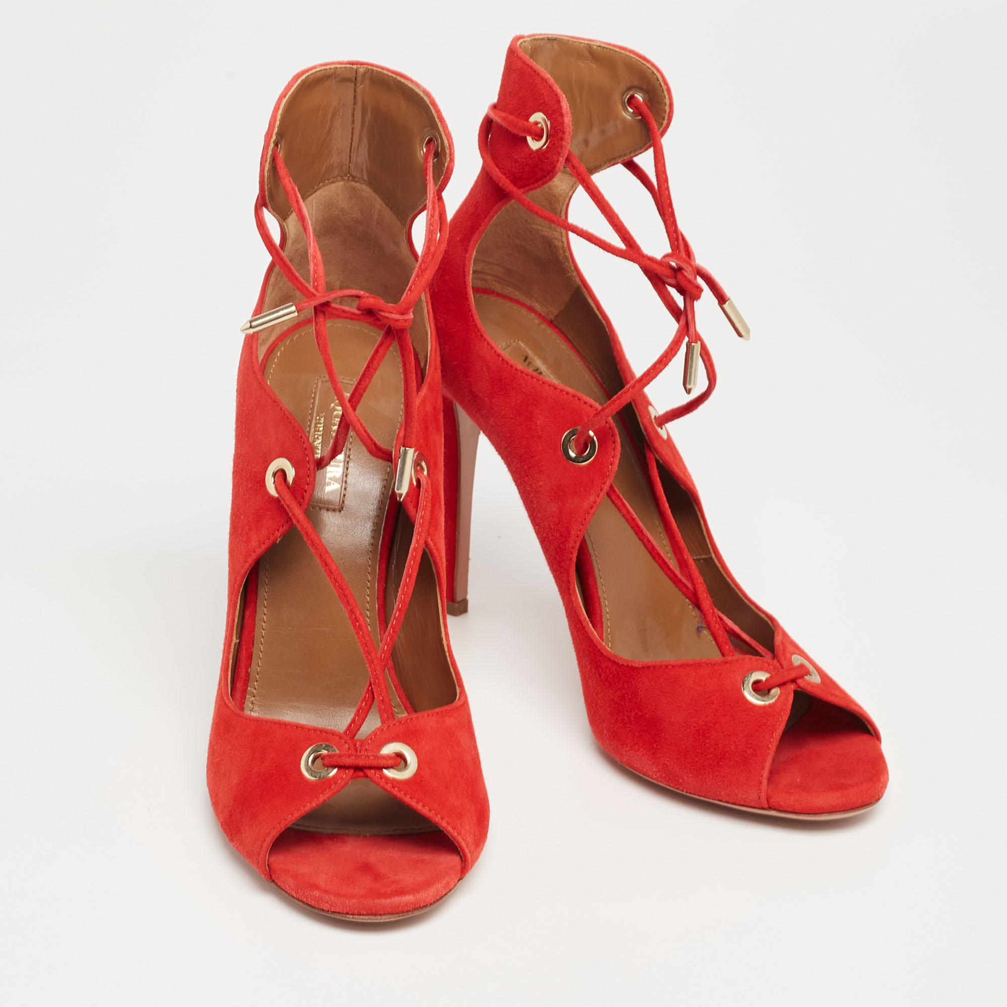 Aquazzura Red Suede Tango Curvy Lace-Up Sandals Size 37
