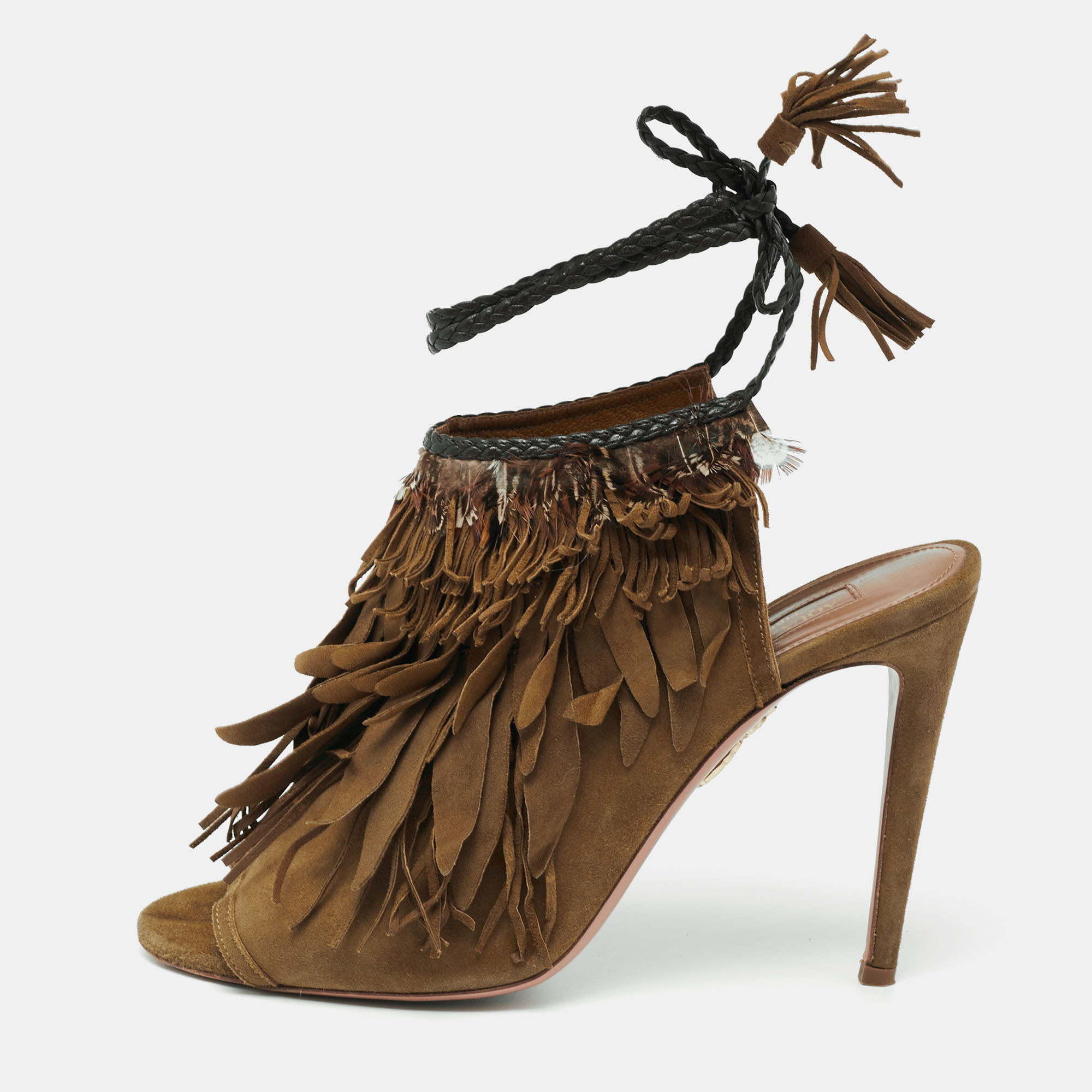 Aquazzura Olive Green  Suede Tassel Ankle Tie Sandals Size 39