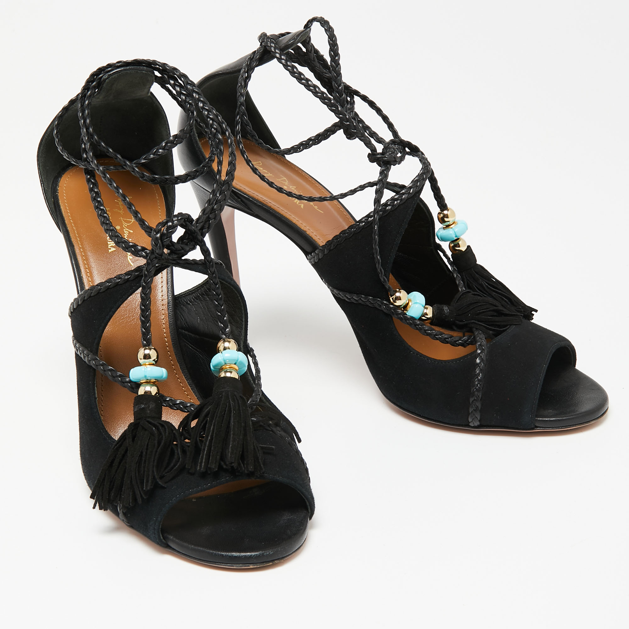 Aquazzura  Black Suede And Leather Open Toe Ankle Wrap  Sandals Size 41