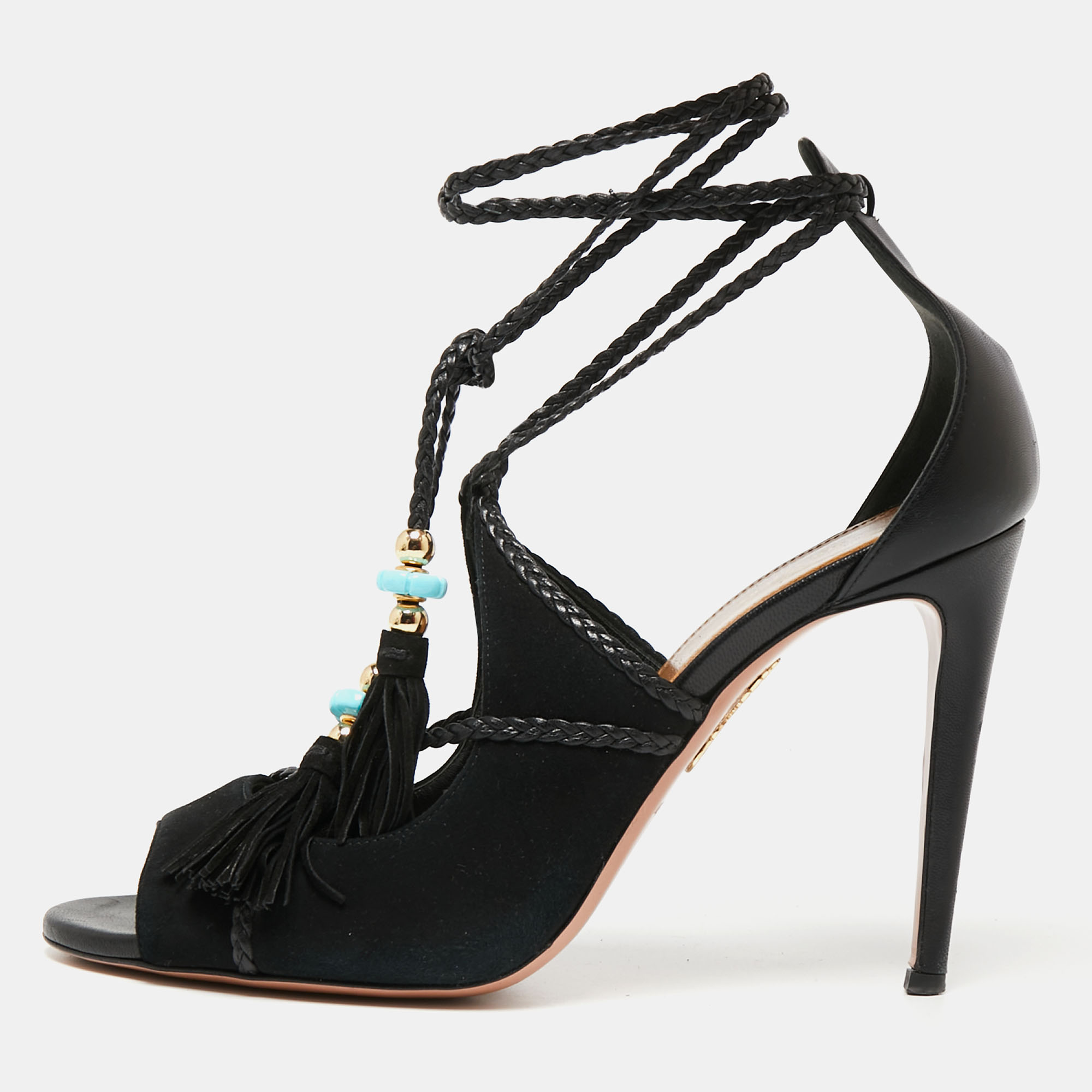 Aquazzura  Black Suede And Leather Open Toe Ankle Wrap  Sandals Size 41