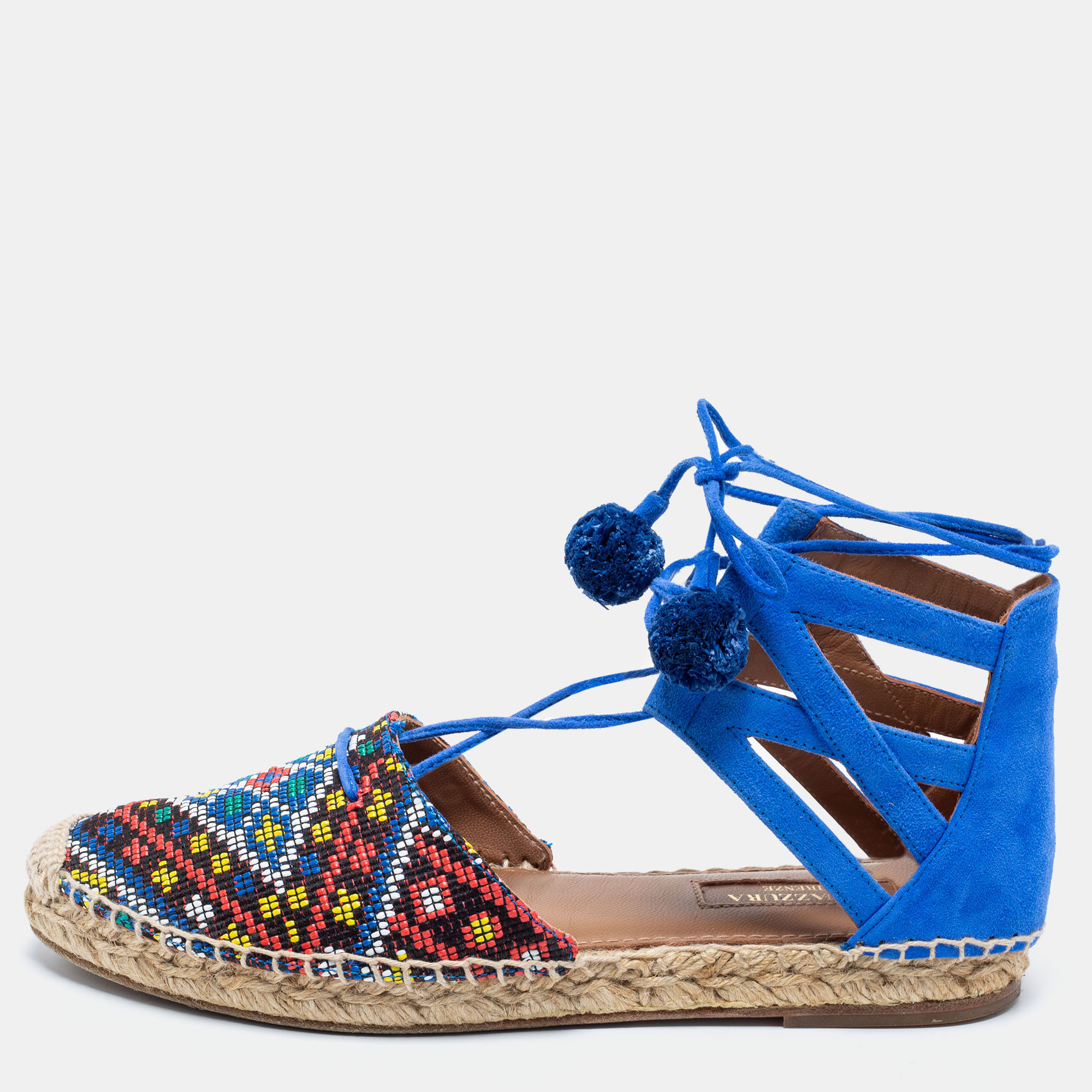 Aquazzura blue raffia and suede belgravia lace up espadrille flat sandals size 36