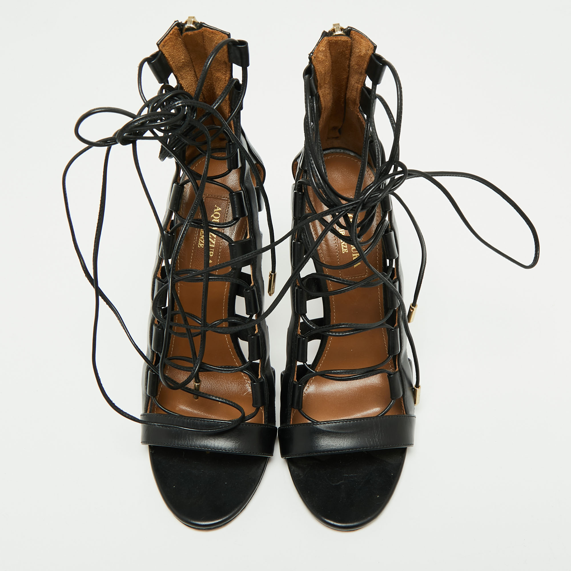 Aquazzura Black Leather Amazon Lace Up Open-Toe Sandals Size 37