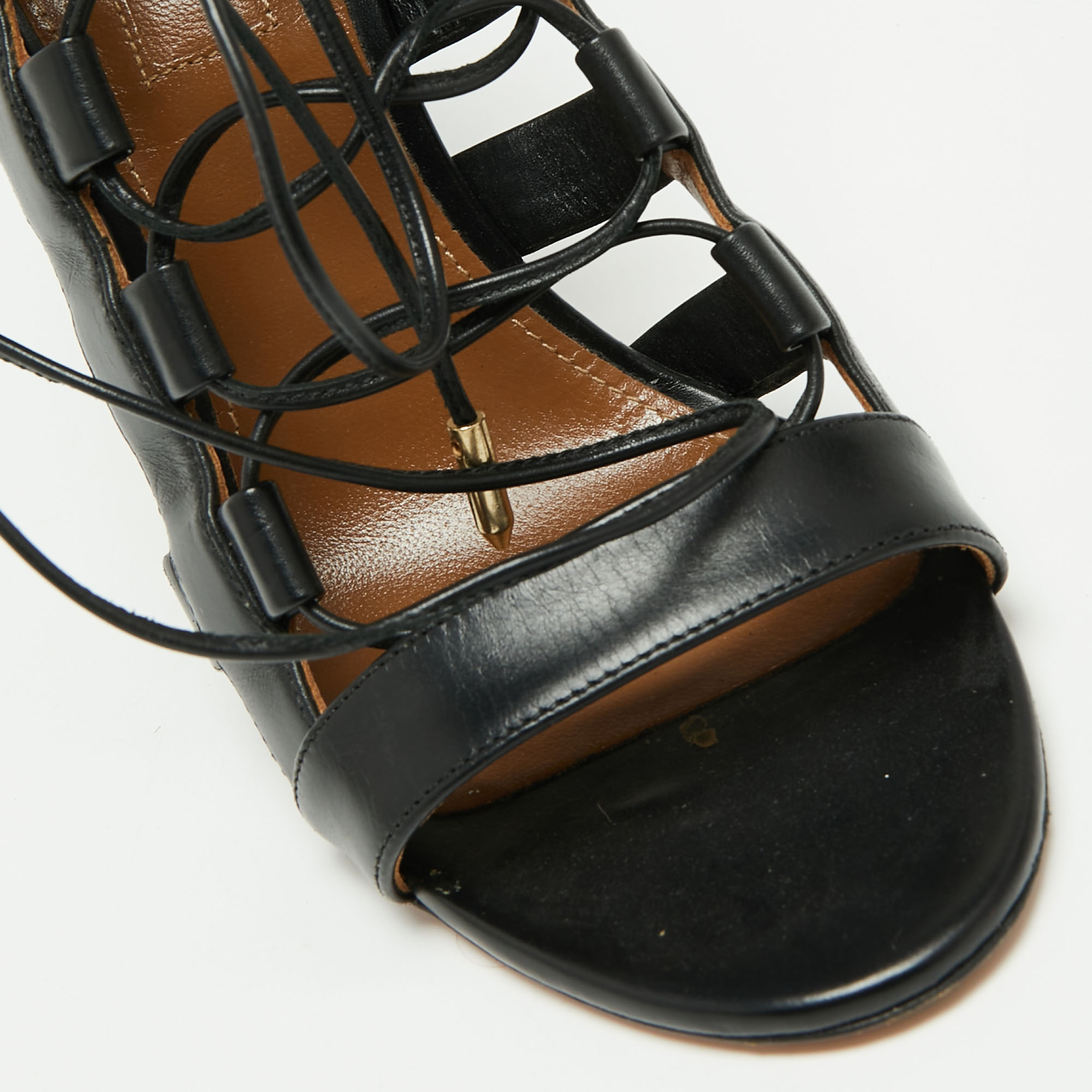 Aquazzura Black Leather Amazon Lace Up Open-Toe Sandals Size 37