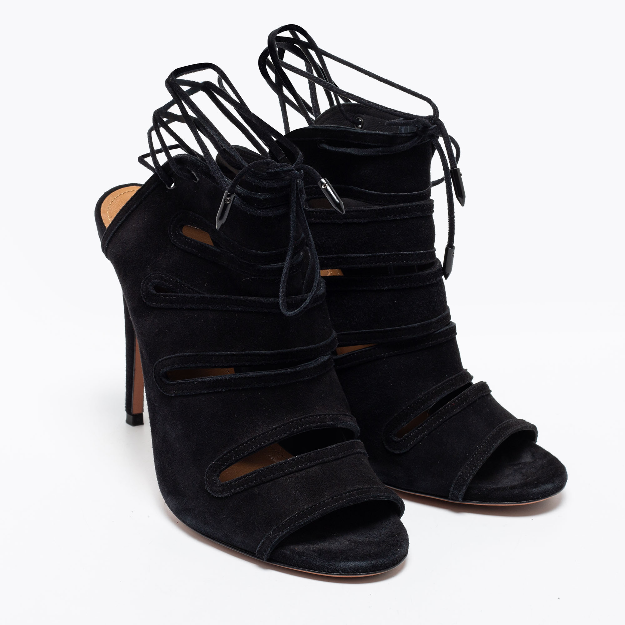 Aquazzura Black Suede Sloane Cut Out Tie Up Sandals Size 38