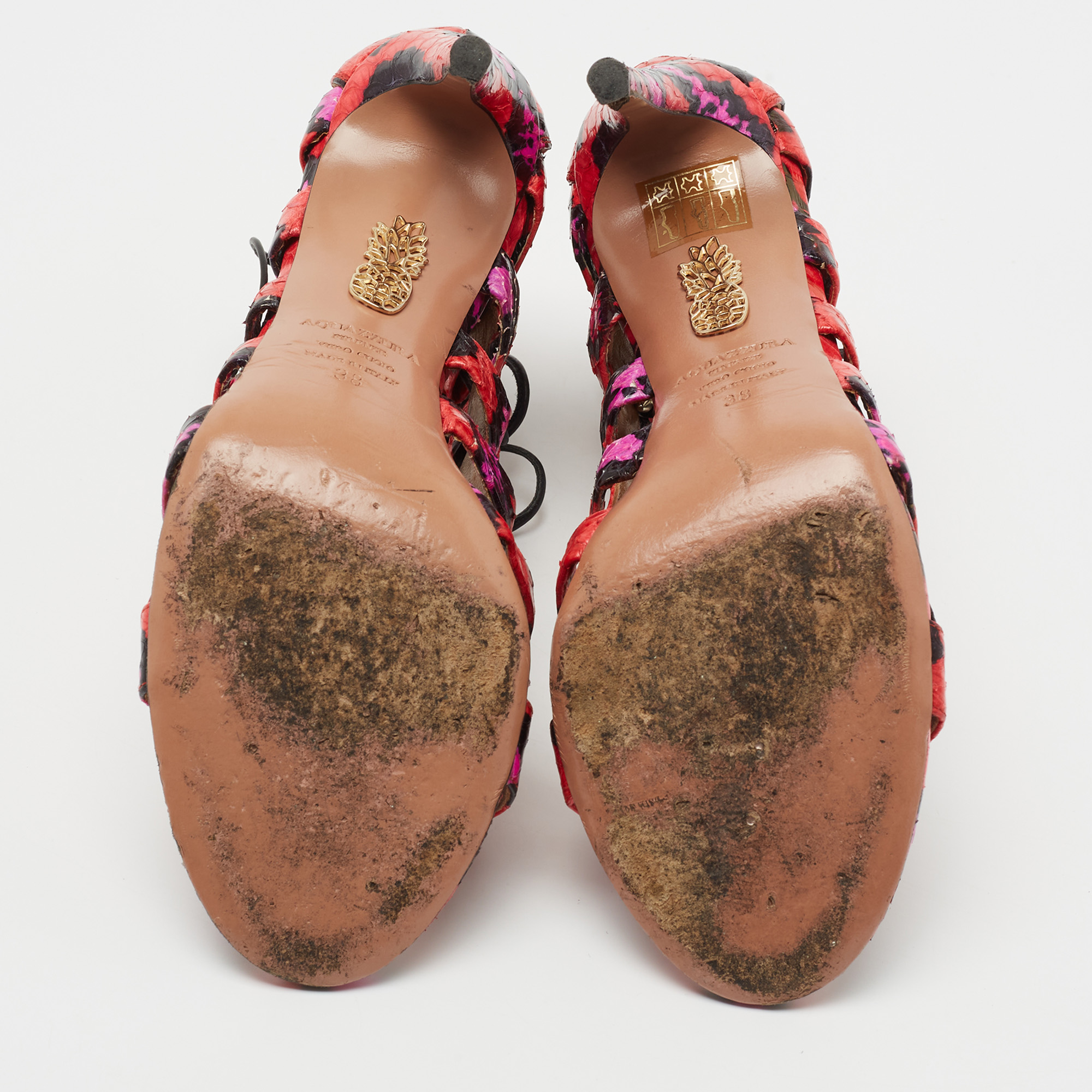 Aquazzura Tricolor Embossed Snakeskin Amazon Sandals Size 38
