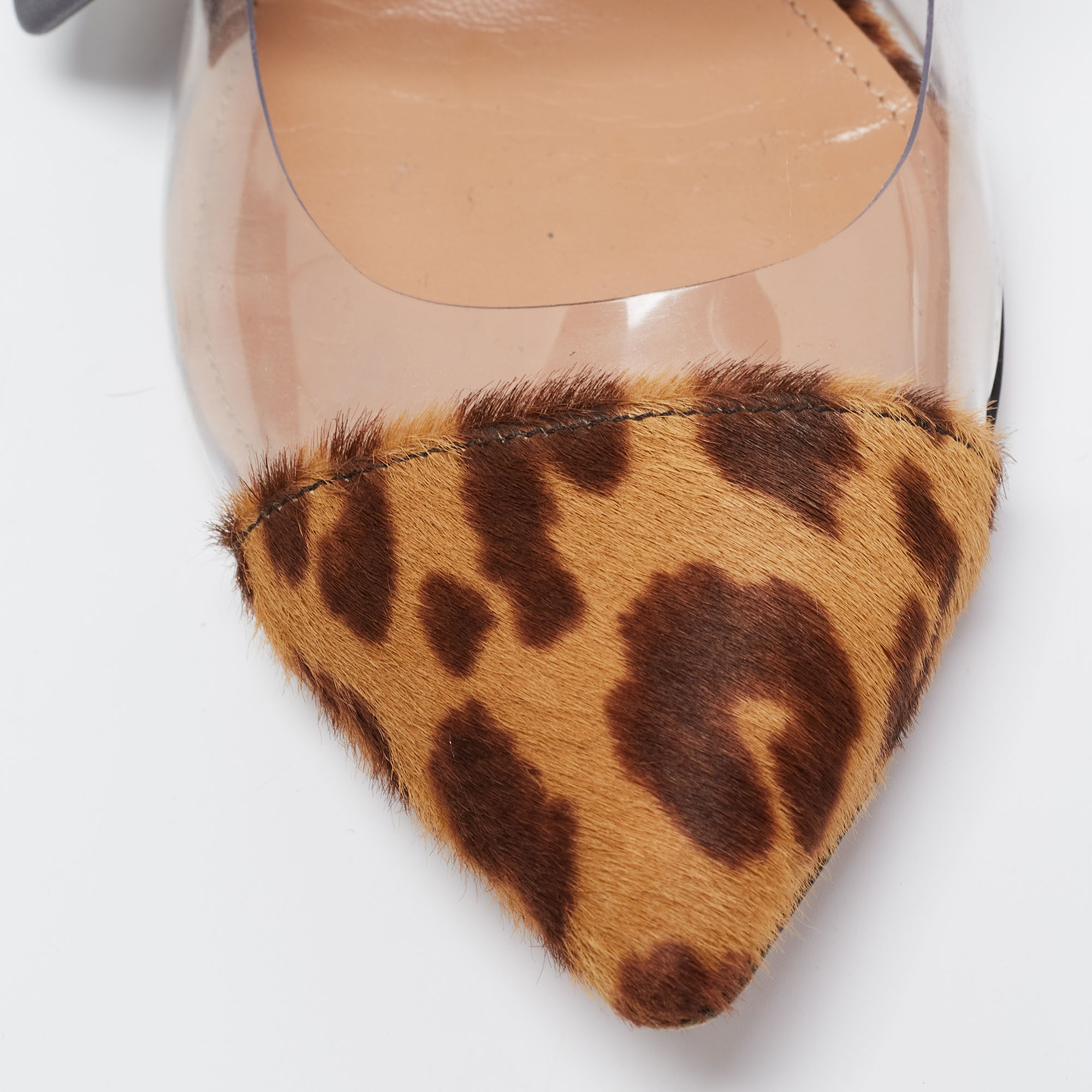 Aquazzura Brown/Beige Leopard Print Calf Hair And PVC Seduction Flat Mules Size 36.5