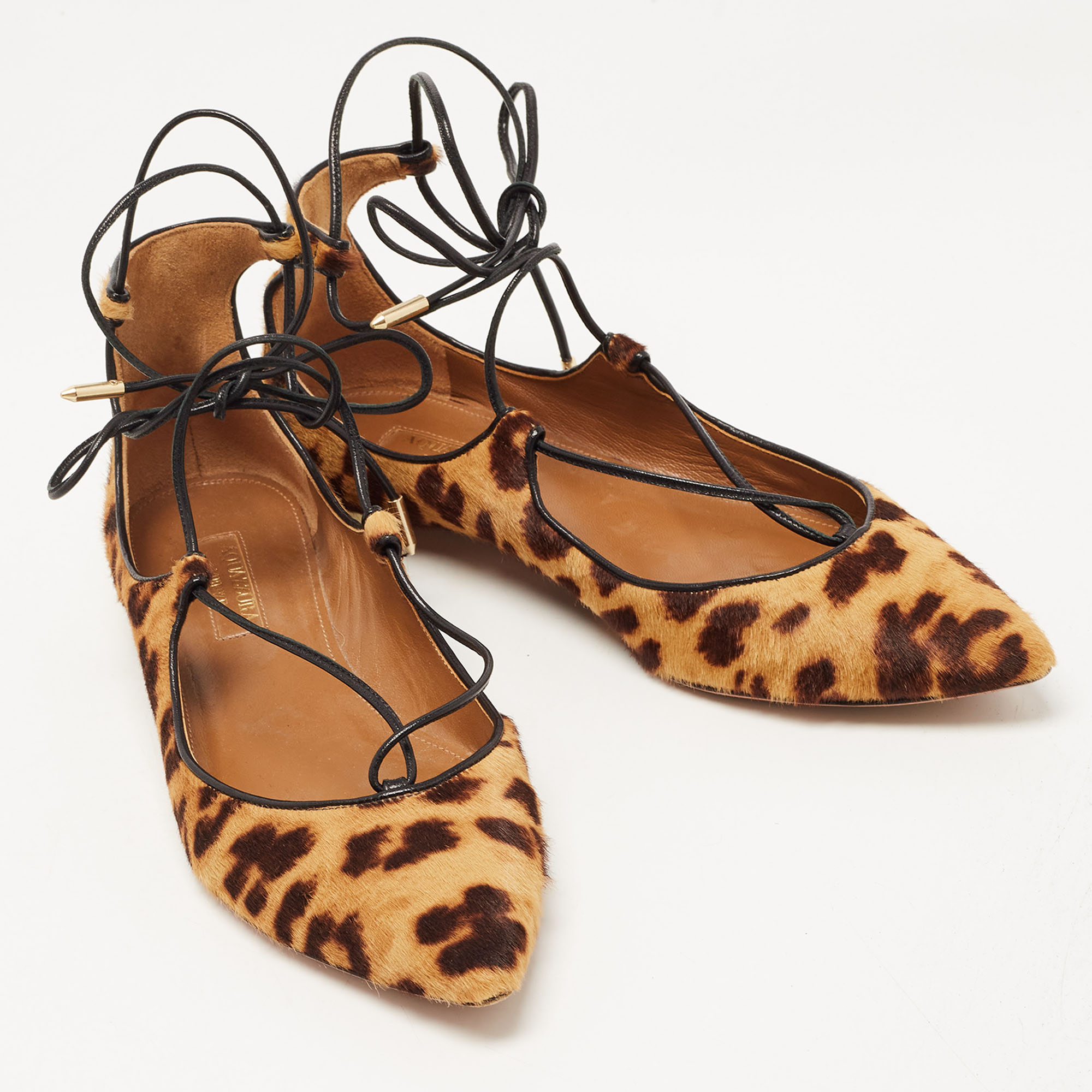 Aquazzura Brown Leopard Print Calf Hair Christy Ballet Flats Size 35