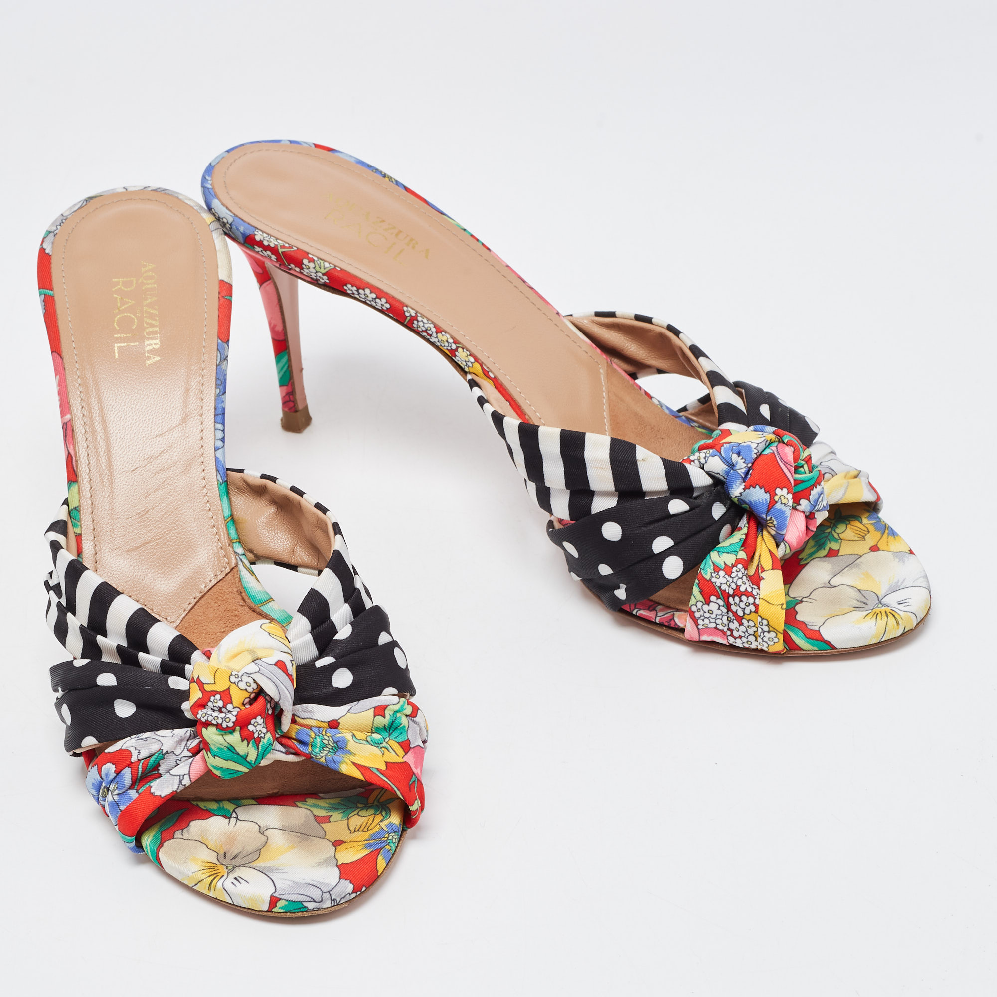 Aquazzura X Racil Multicolor Printed Fabric Slide Sandals Size 39