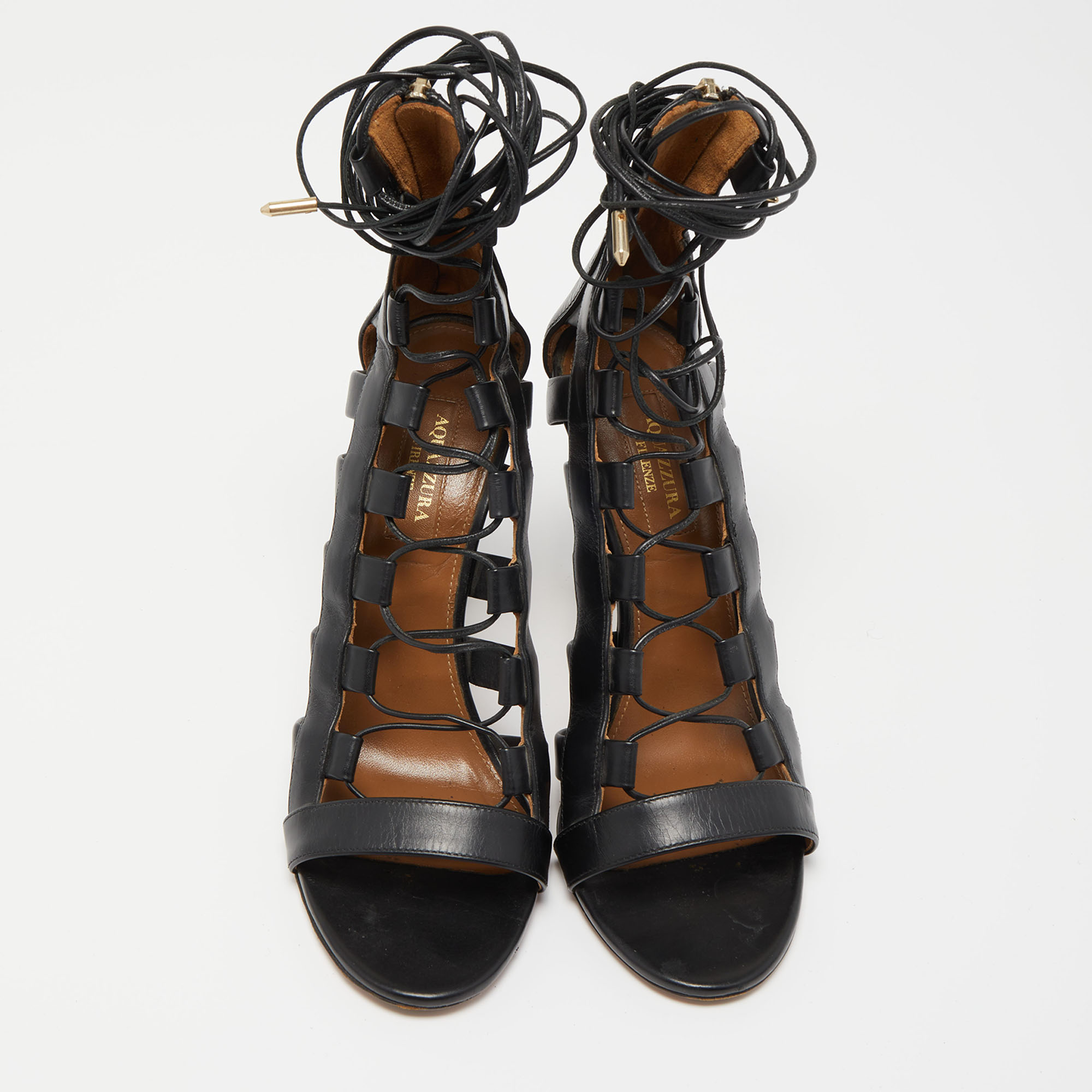 Aquazzura Black Leather Amazon Lace Up Open Toe Sandals Size 38