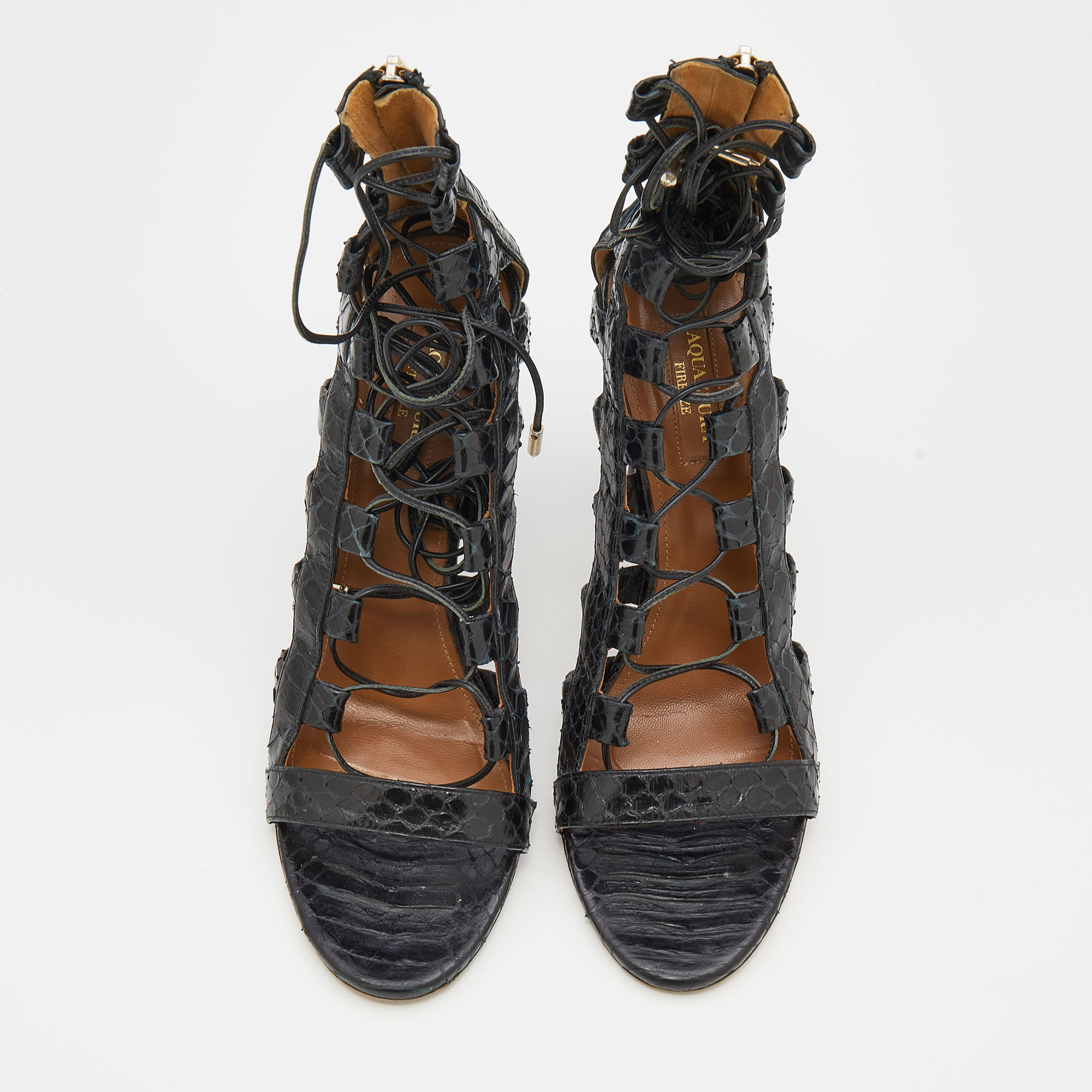 Aquazzura Black Watersnake Leather Amazon Lace Up Open Toe Sandals Size 36