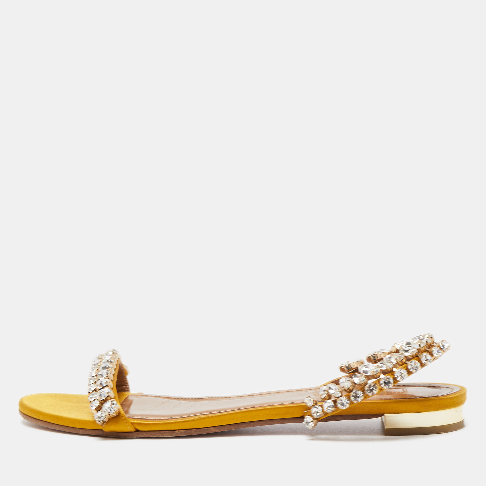 Aquazzura Yellow Satin Crystal Embellished Slide Flats Size 38