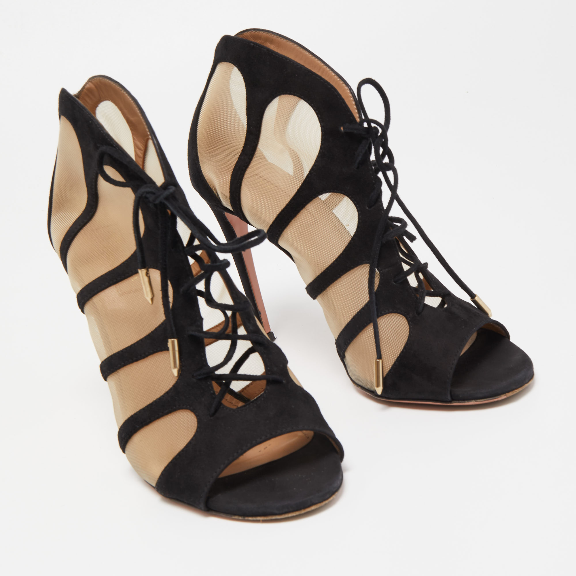 Aquazzura Black Lace And Suede Lace Up  Booties Size 36.5