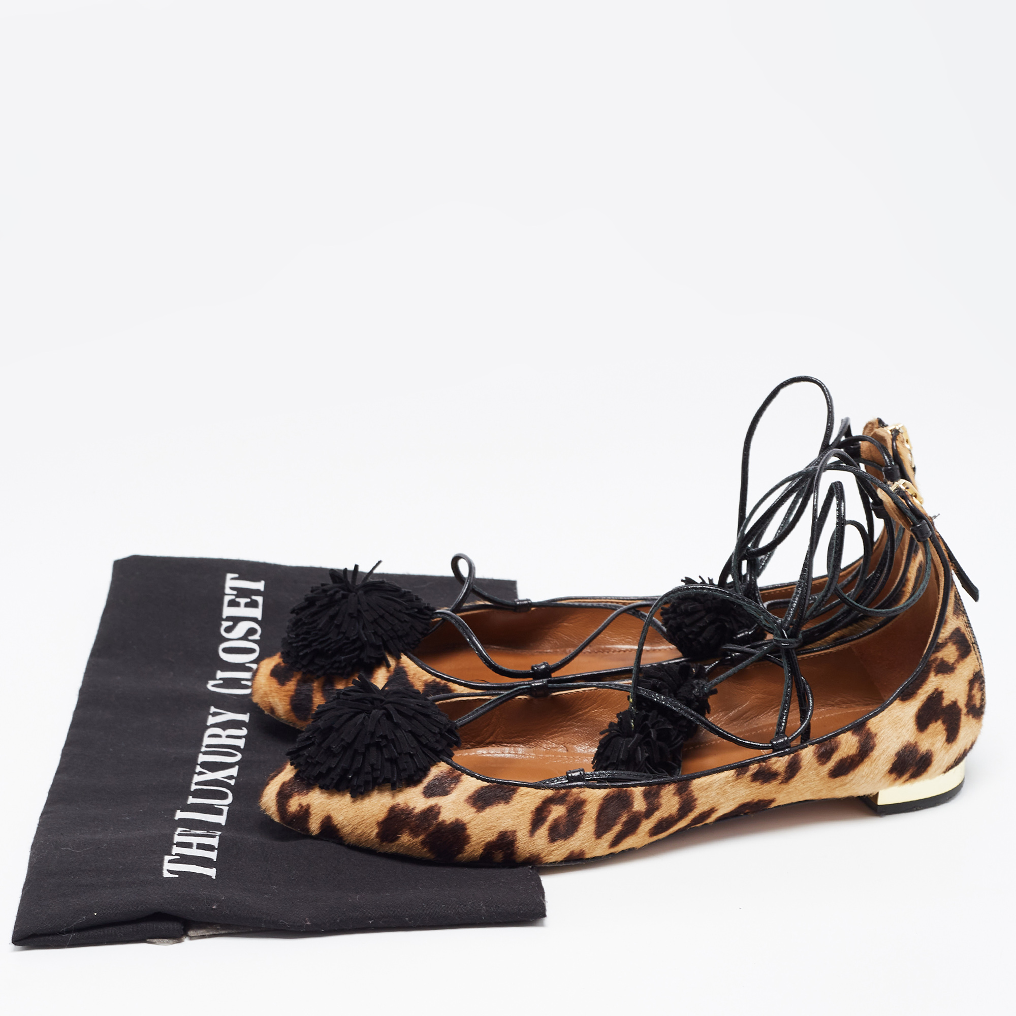 Aquazzura Two Tone Leopard Print Calf Hair Pom Pom Sunshine Ankle Tie Flats Size 38