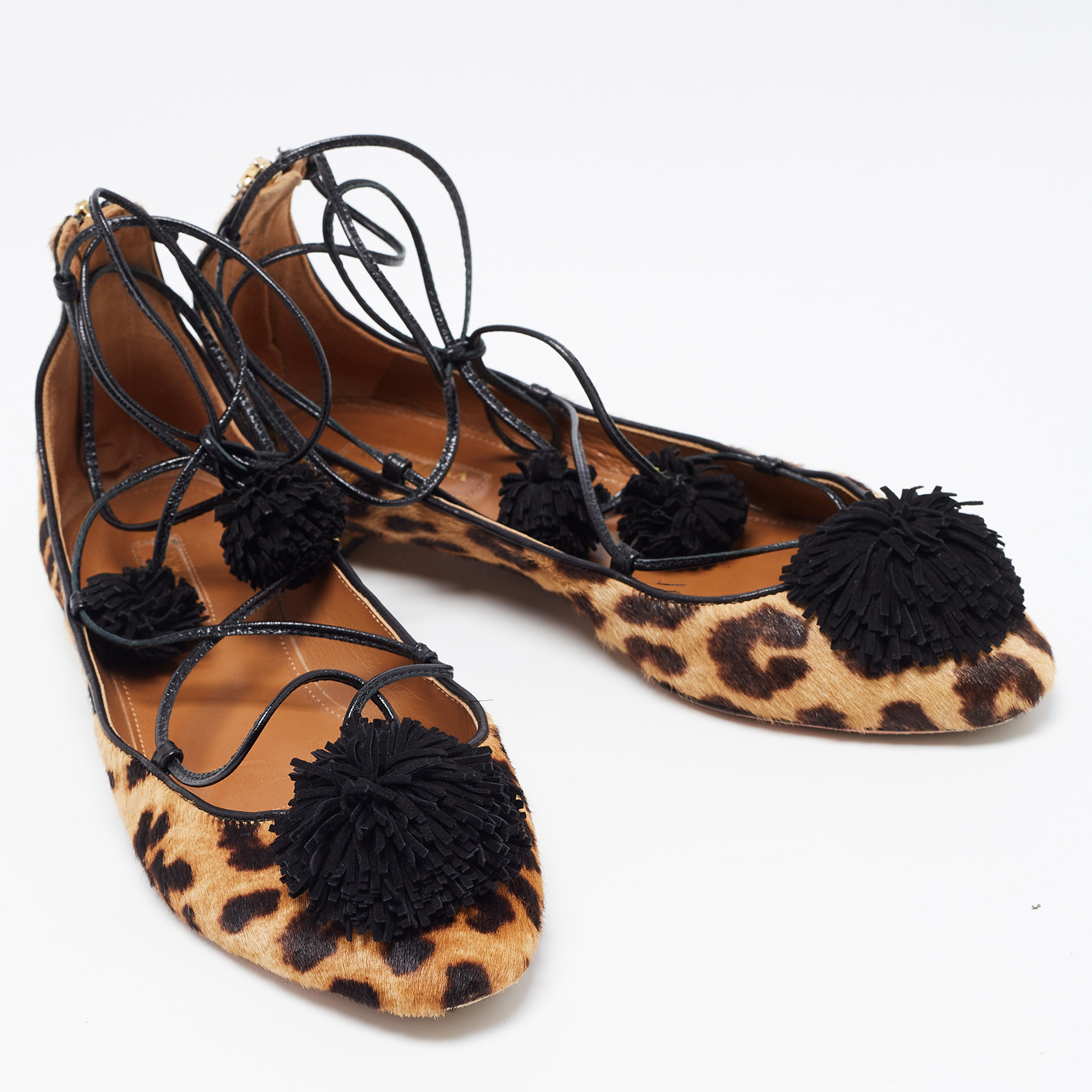 Aquazzura Two Tone Leopard Print Calf Hair Pom Pom Sunshine Ankle Tie Flats Size 38