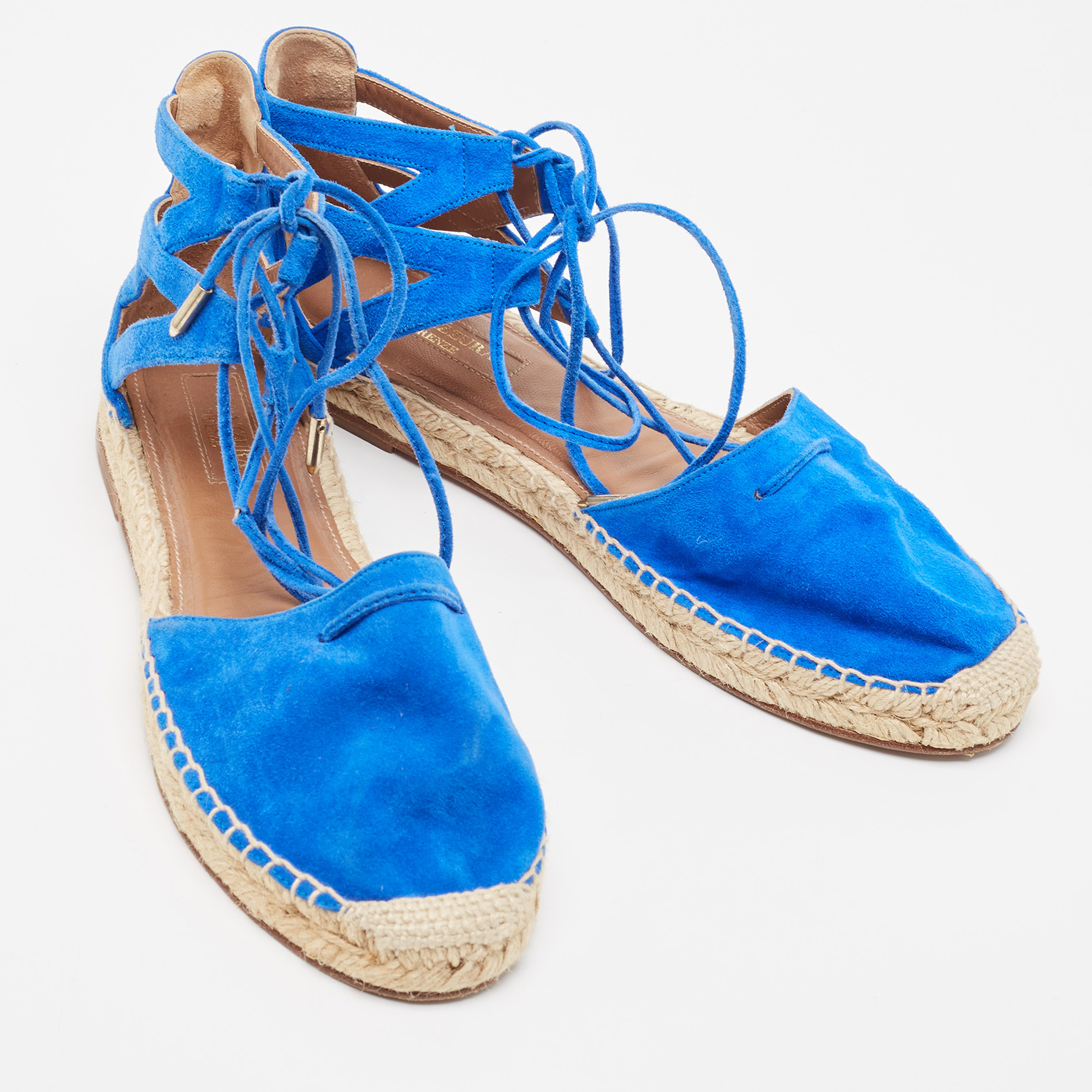 Aquazzura Blue Suede Strappy Espadrille Sandals Size 38