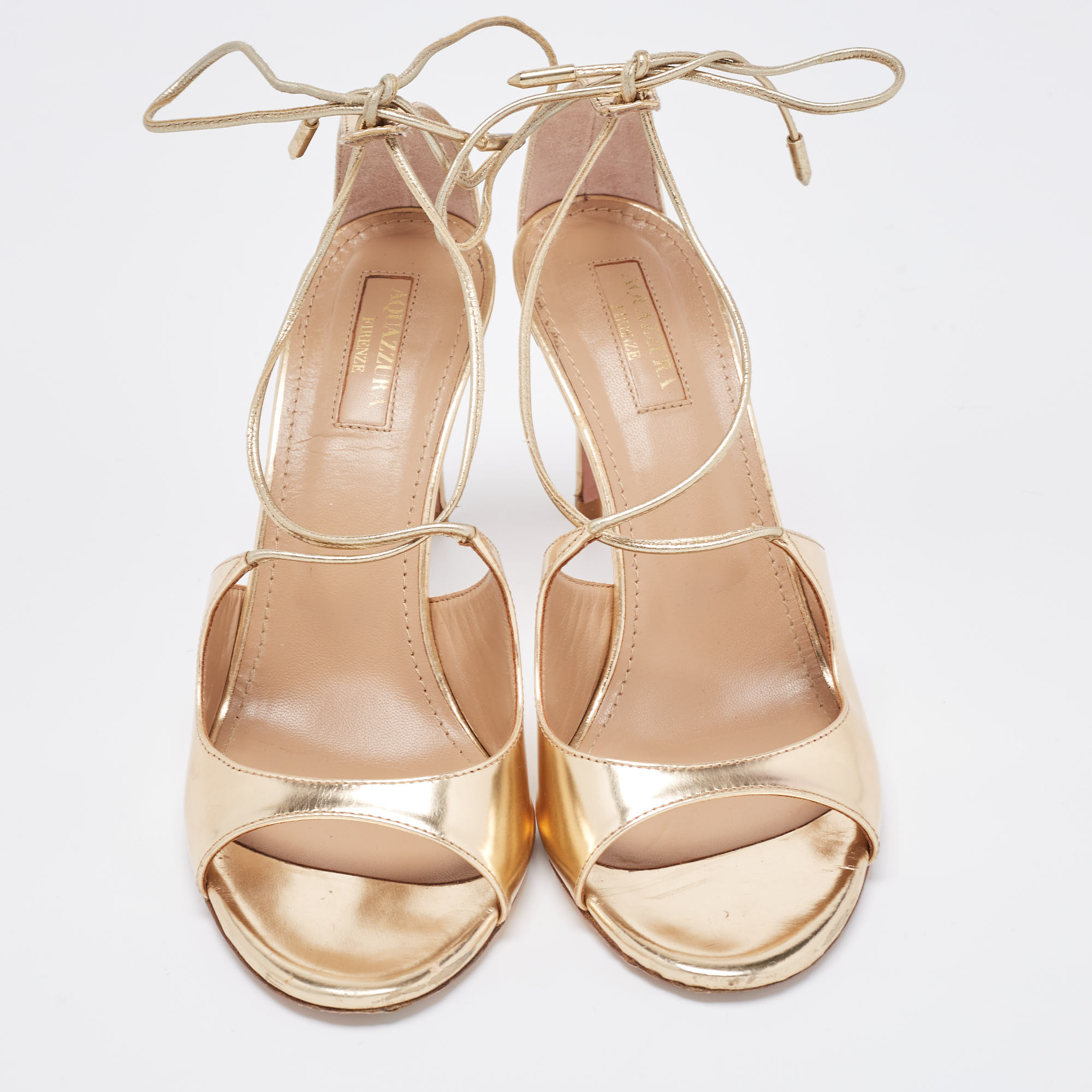 Aquazzura Gold Foil Leather Sofia Open Toe Ankle Wrap Sandals Size 37.5
