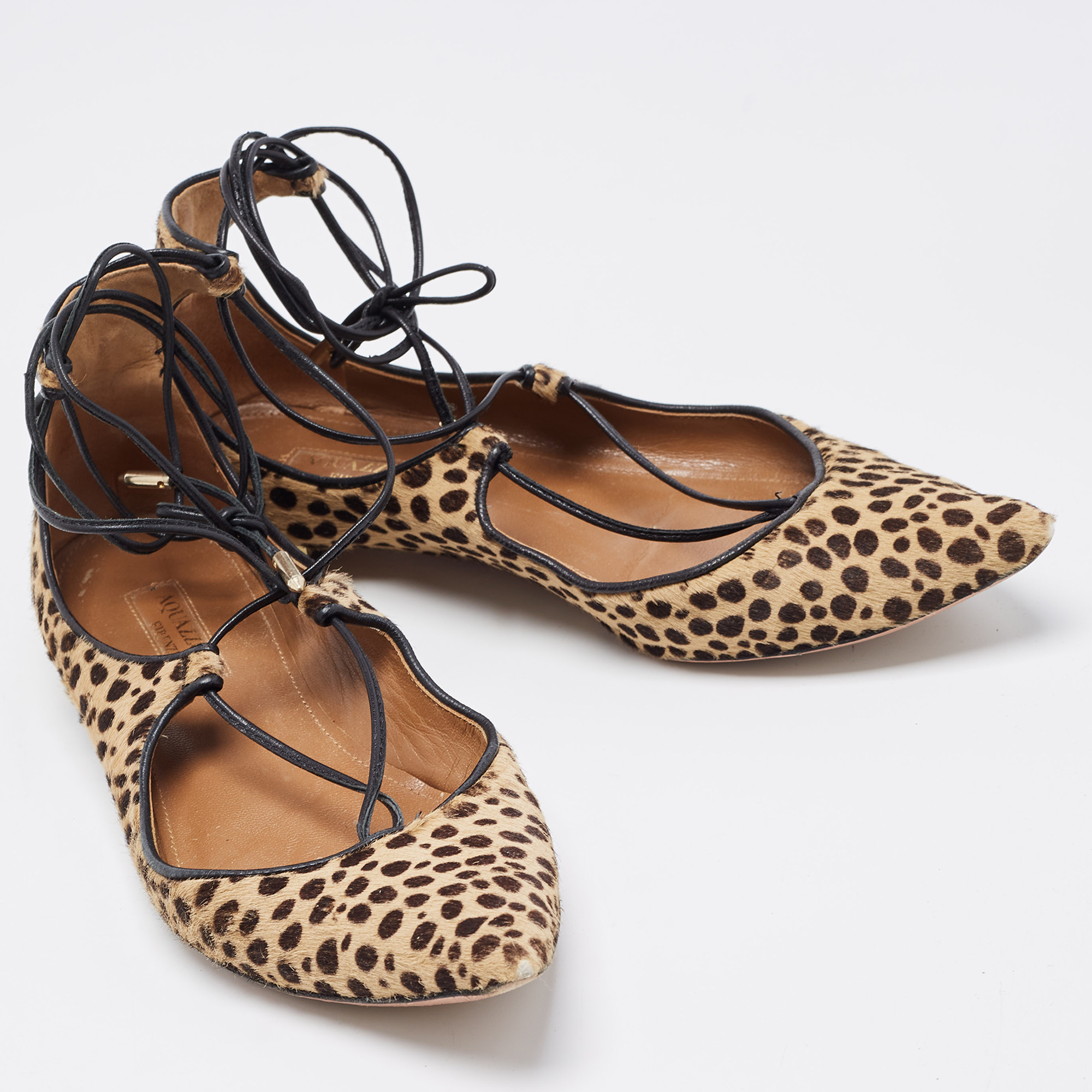 Aquazzura Two Tone Leopard Print Calf Hair Sunshine Ankle Tie Flats Size 35