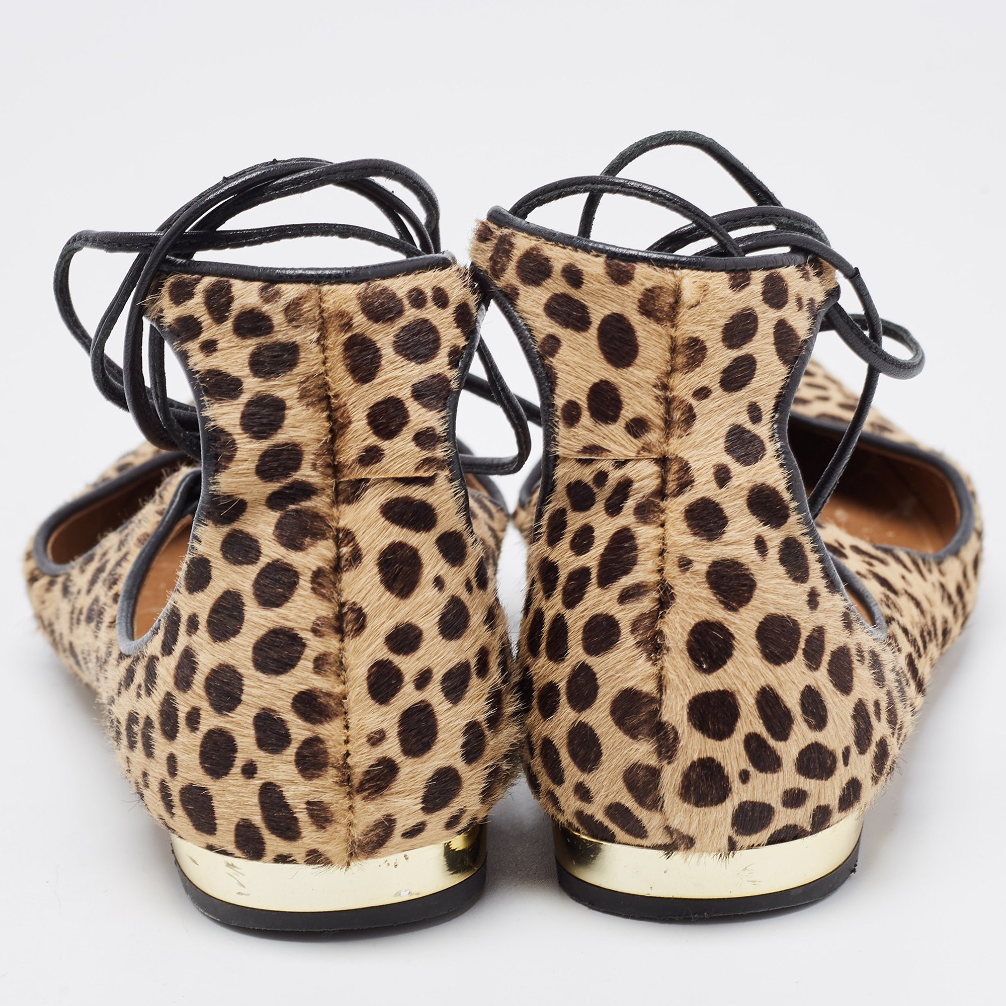 Aquazzura Two Tone Leopard Print Calf Hair Sunshine Ankle Tie Flats Size 35