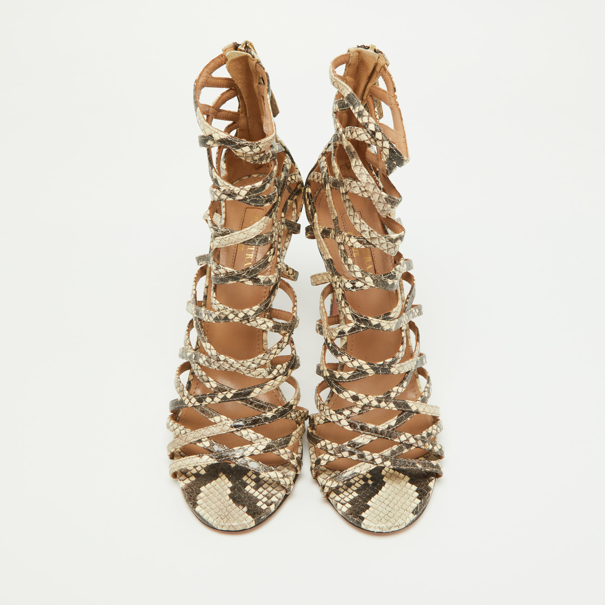 Aquazzura Beige/Brown Python Embossed Leather Knockout Sandals Size 37.5